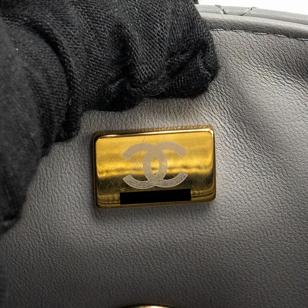 CHANEL 22K METAL TOP HANDLE MINI RECTANGULAR FLAP BAG LAMBSKIN GREY GHW (MICROCHIP)