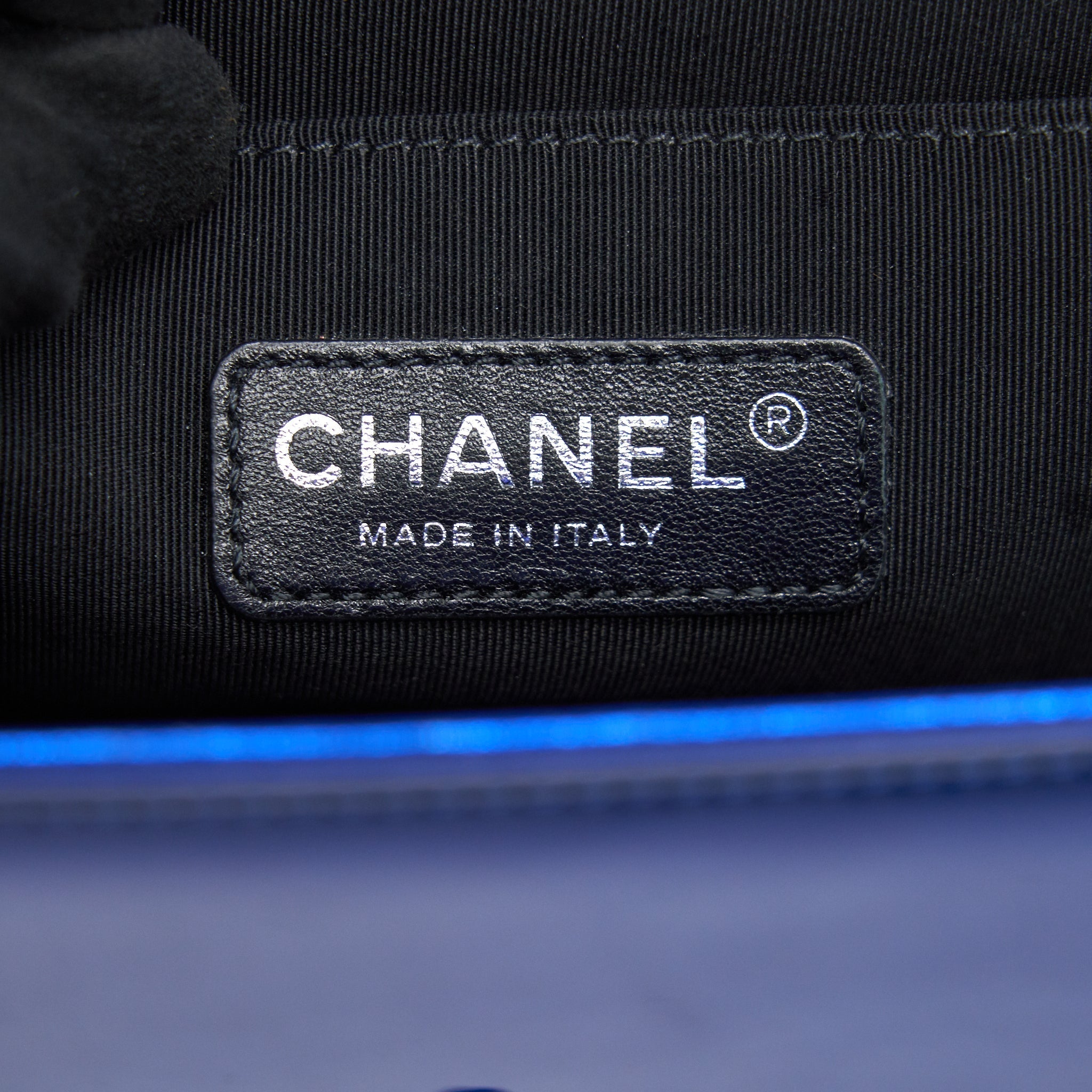 CHANEL MEDIUM LE BOY BAG IN METALLIC BLUE SHW