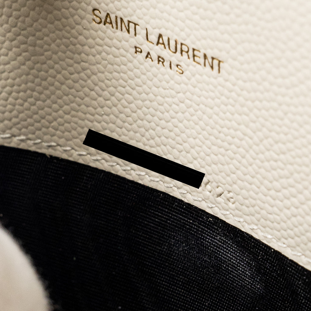 SAINT LAURENT ENVELOPE CHAIN WALLET GRAINED CALFSKIN CREAM SOFT GHW