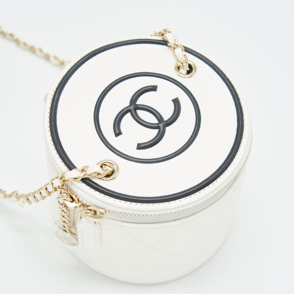 CHANEL ROUND VANITY WITH CHAIN WHITE/ BLACK WITH LGHW