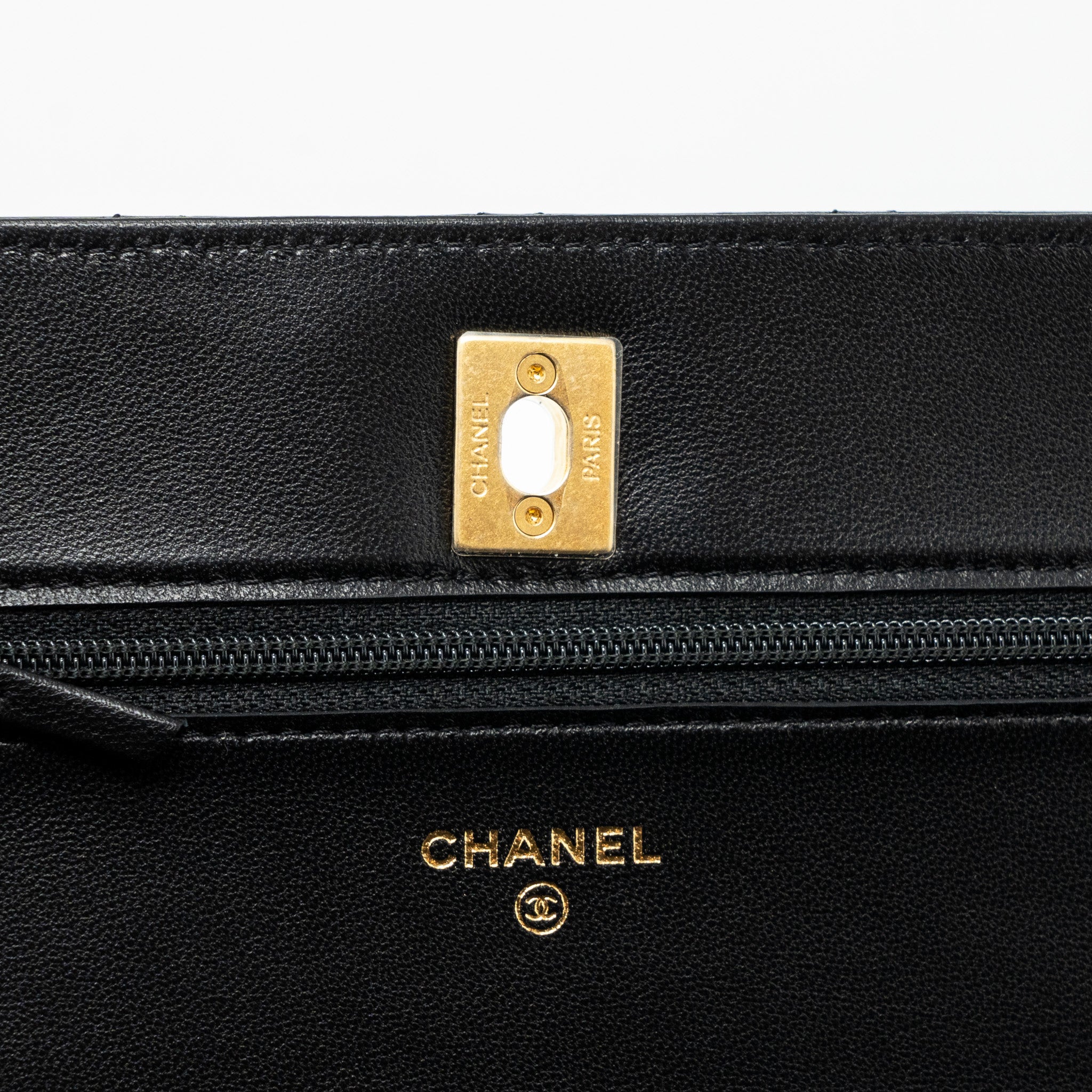 CHANEL PEARL CRUSH WALLET ON CHAIN LAMBSKIN BLACK GHW (MICROCHIP)