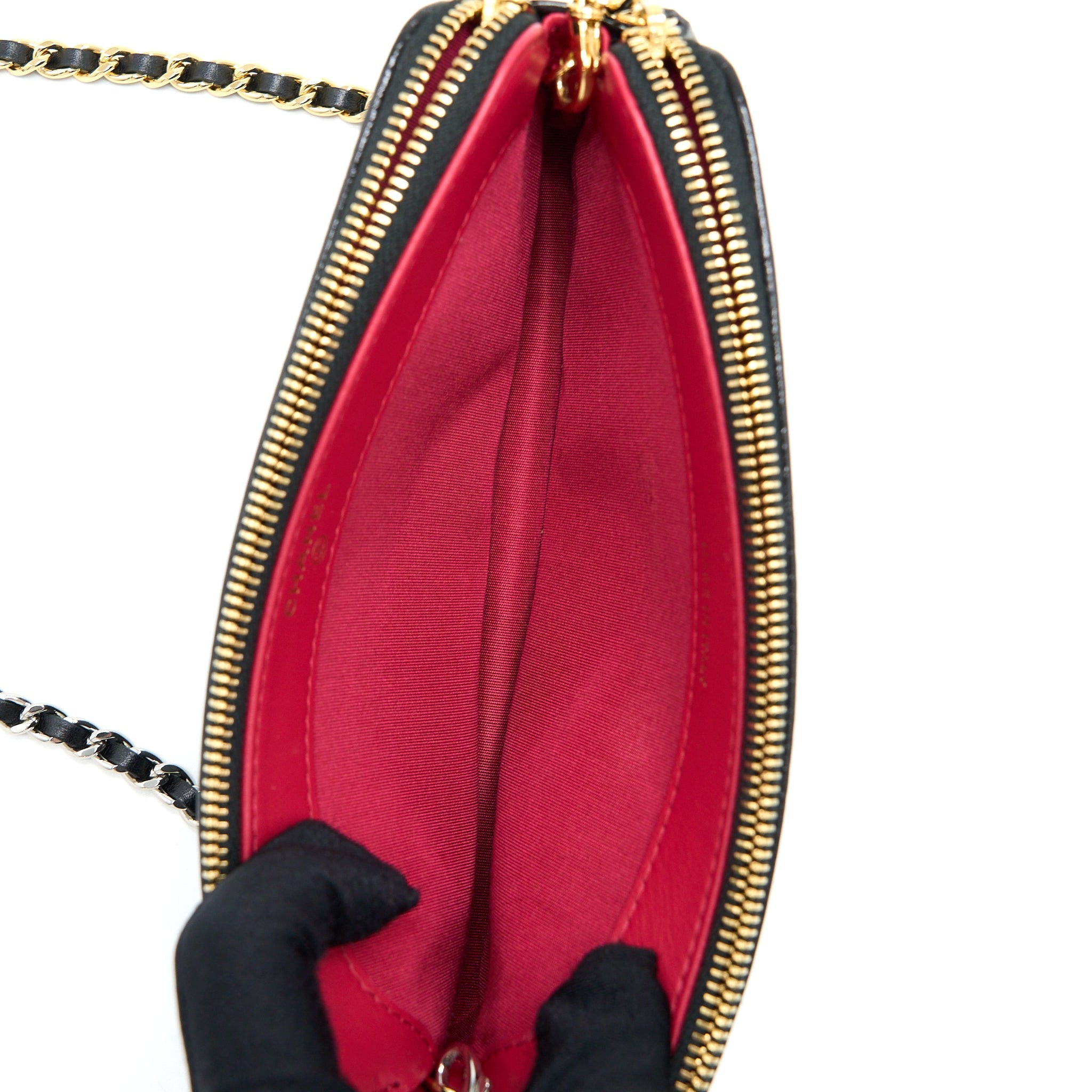 CHANEL DOUBLE ZIP WALLET ON CHAIN AGED CALFSKIN BLACK MULTICOLOUR HARDWARE