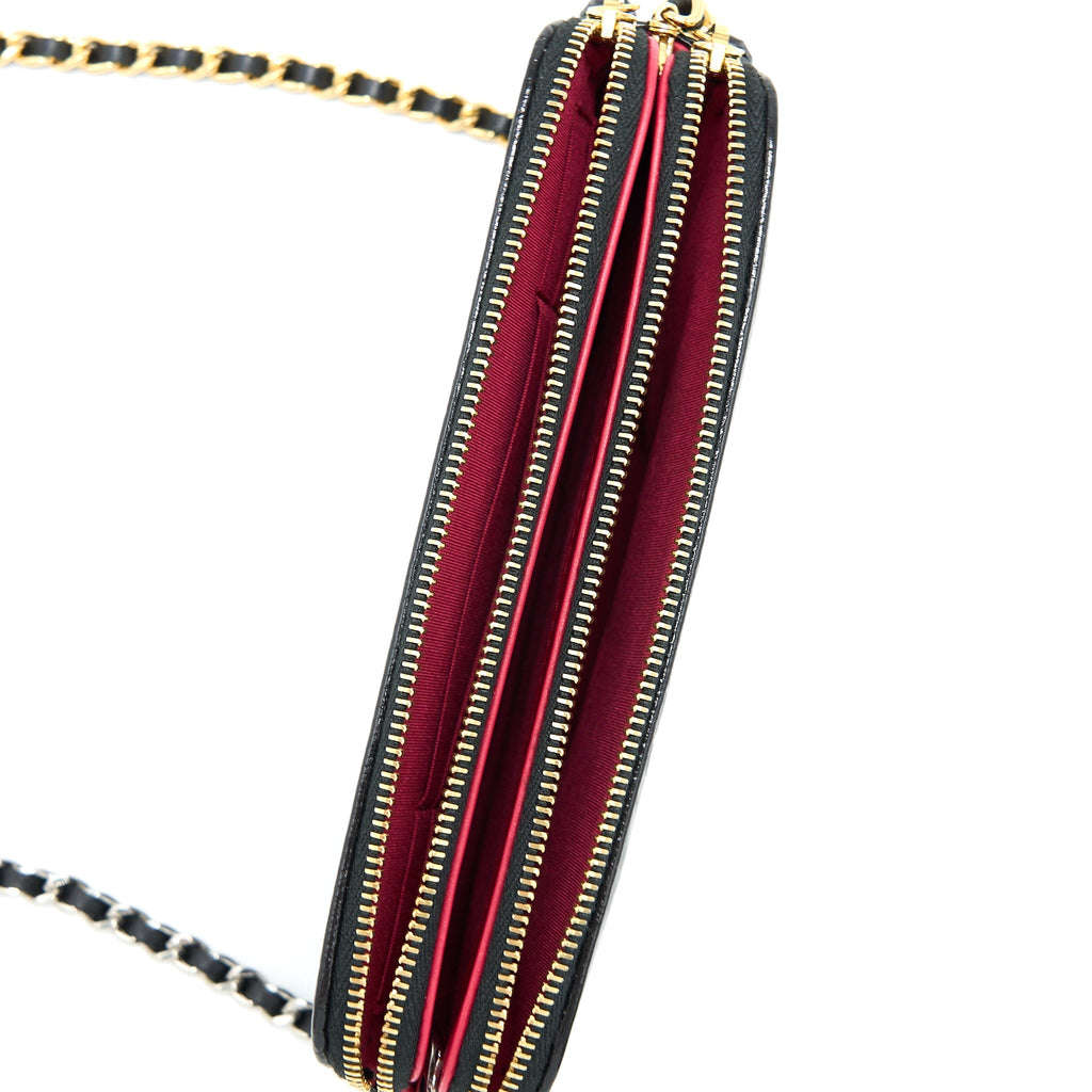 CHANEL DOUBLE ZIP WALLET ON CHAIN AGED CALFSKIN BLACK MULTICOLOUR HARDWARE