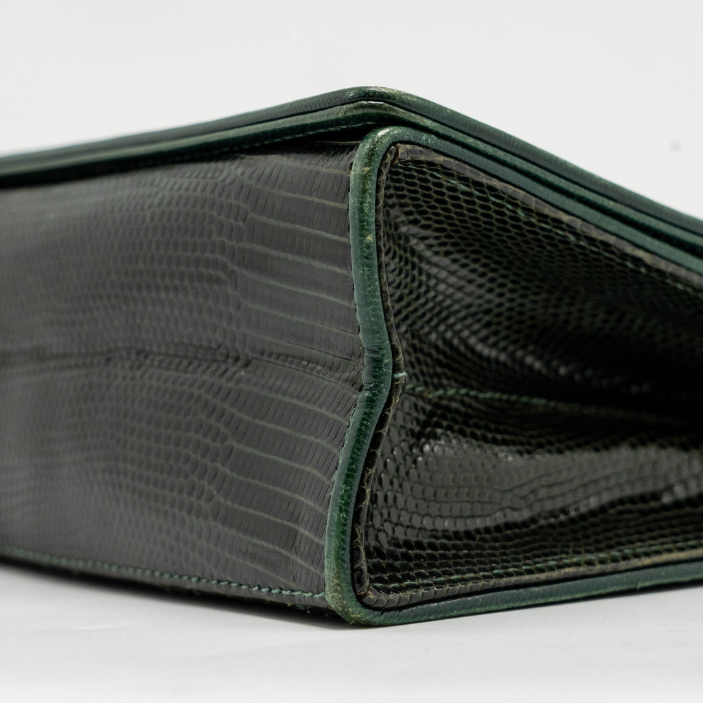 CHANEL VINTAGE ENVELOP FLAP BAG WITH CHAIN LIZARD DARK GREEN GHW