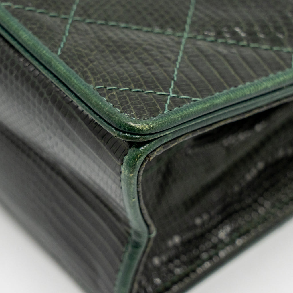 CHANEL VINTAGE ENVELOP FLAP BAG WITH CHAIN LIZARD DARK GREEN GHW