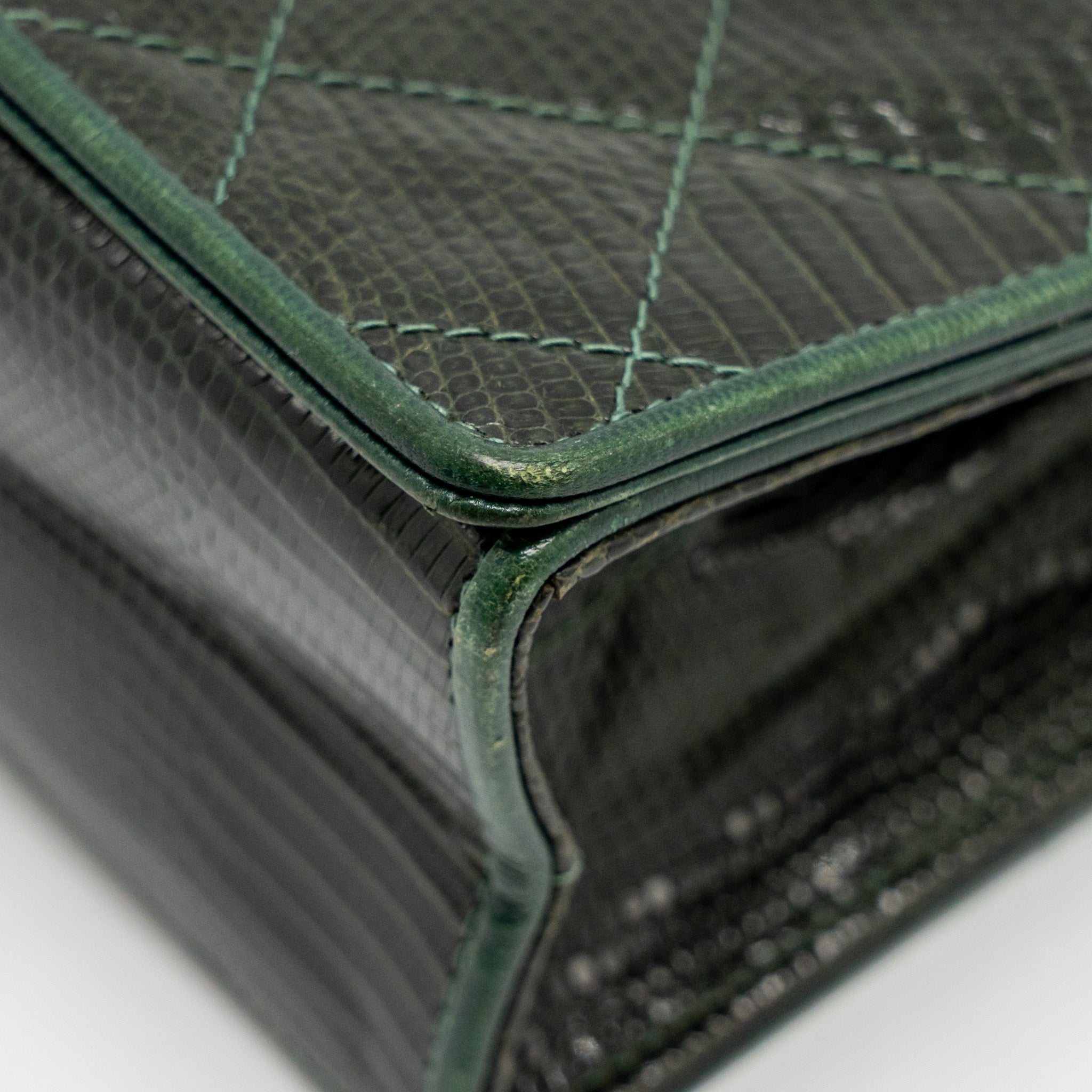 CHANEL VINTAGE ENVELOP FLAP BAG WITH CHAIN LIZARD DARK GREEN GHW