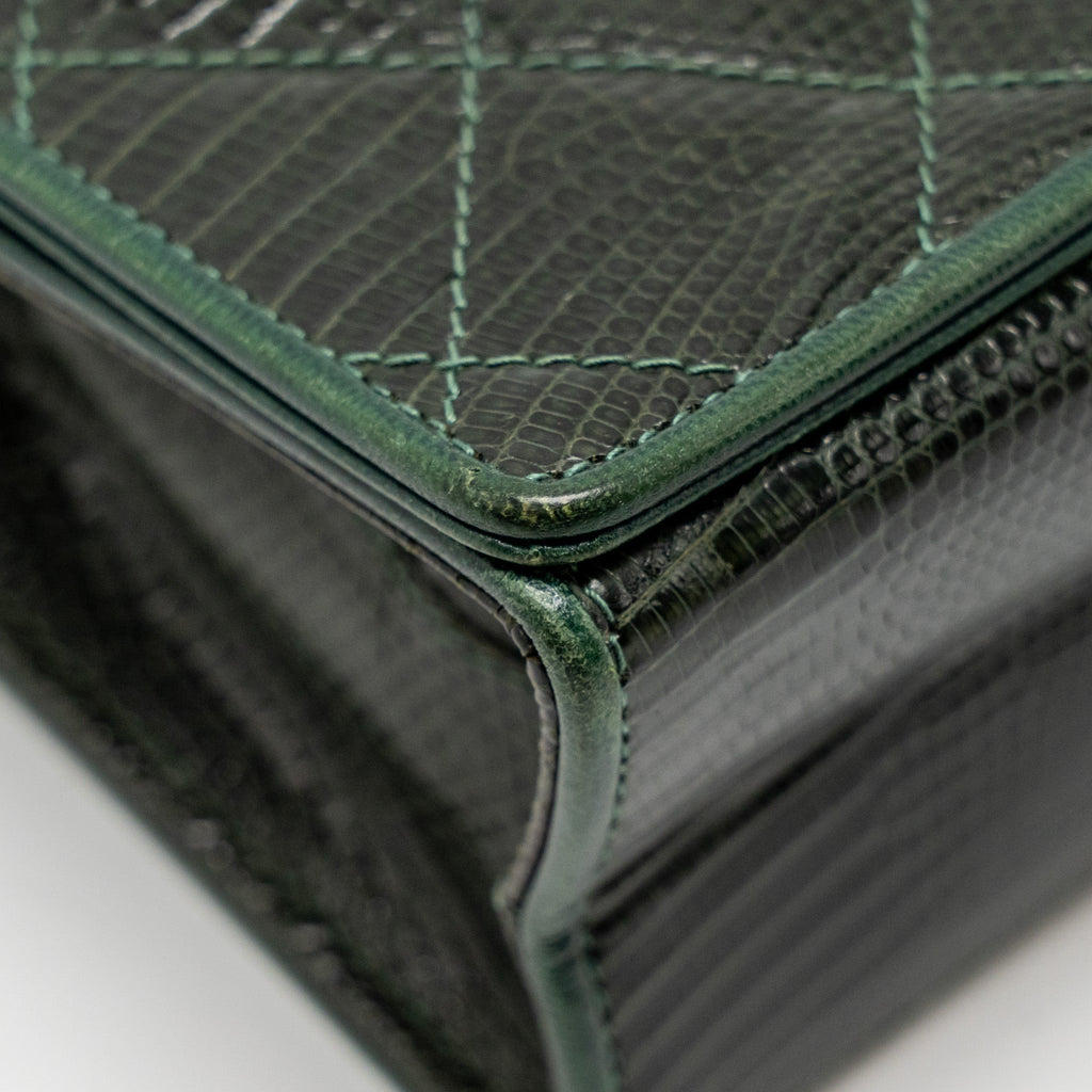 CHANEL VINTAGE ENVELOP FLAP BAG WITH CHAIN LIZARD DARK GREEN GHW