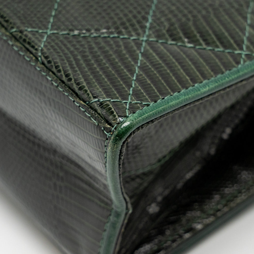 CHANEL VINTAGE ENVELOP FLAP BAG WITH CHAIN LIZARD DARK GREEN GHW