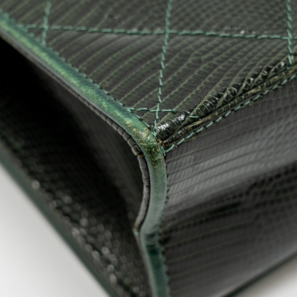 CHANEL VINTAGE ENVELOP FLAP BAG WITH CHAIN LIZARD DARK GREEN GHW
