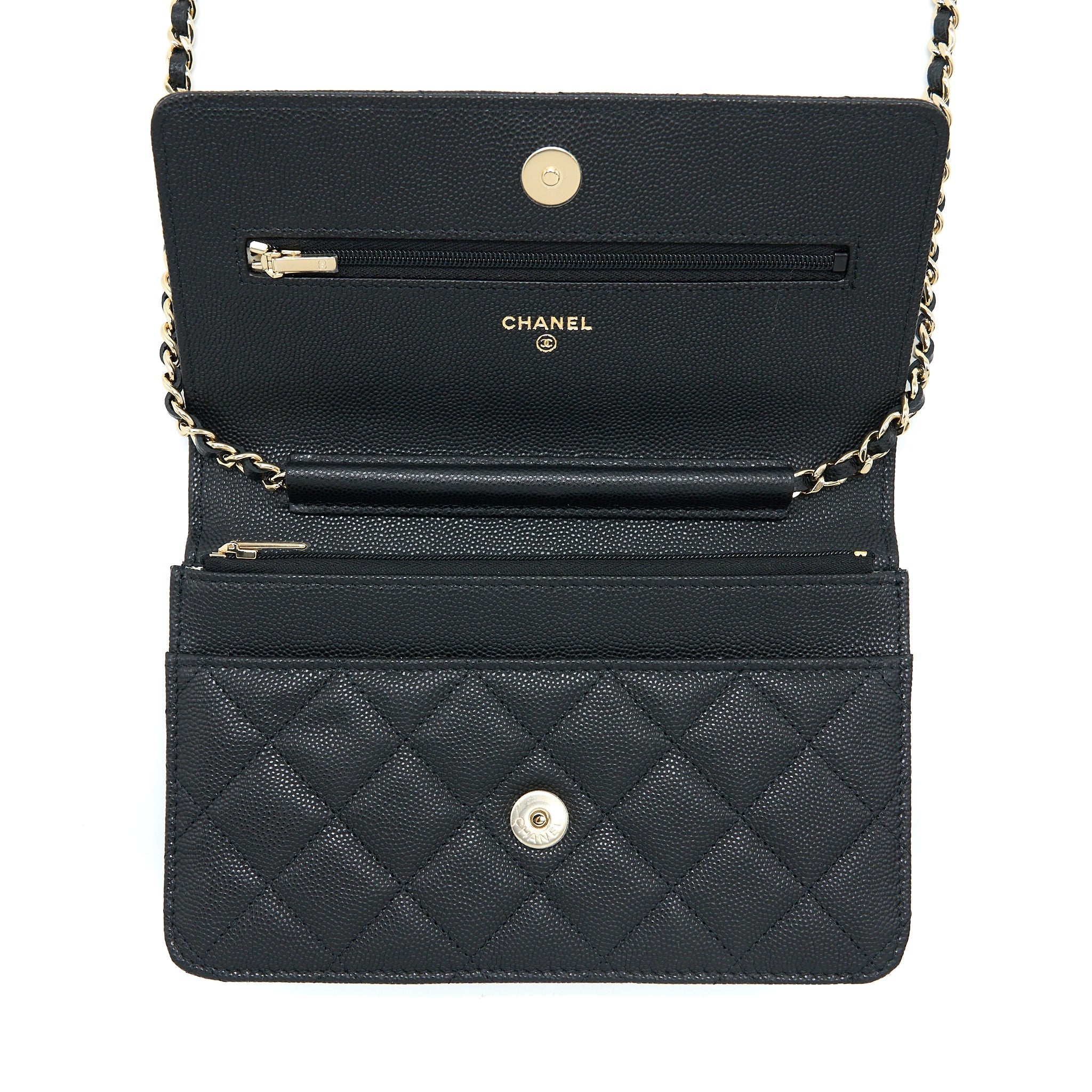 CHANEL GIANT CC LOGO WALLET ON CHAIN CAVIAR BLACK LGHW (MICROCHIP)