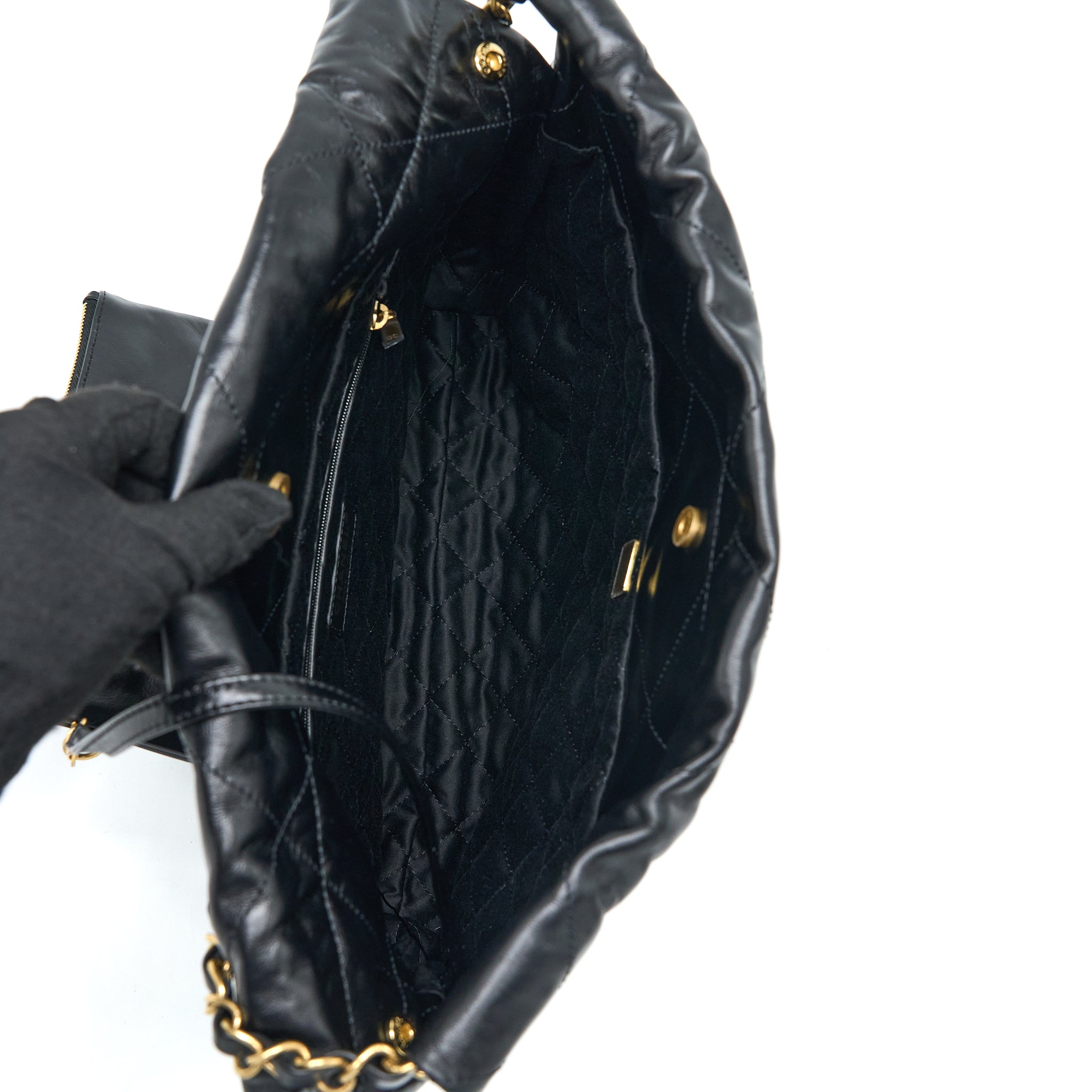 CHANEL SMALL 22 BAG SHINY CALFSKIN BLACK GHW (MICROCHIP)