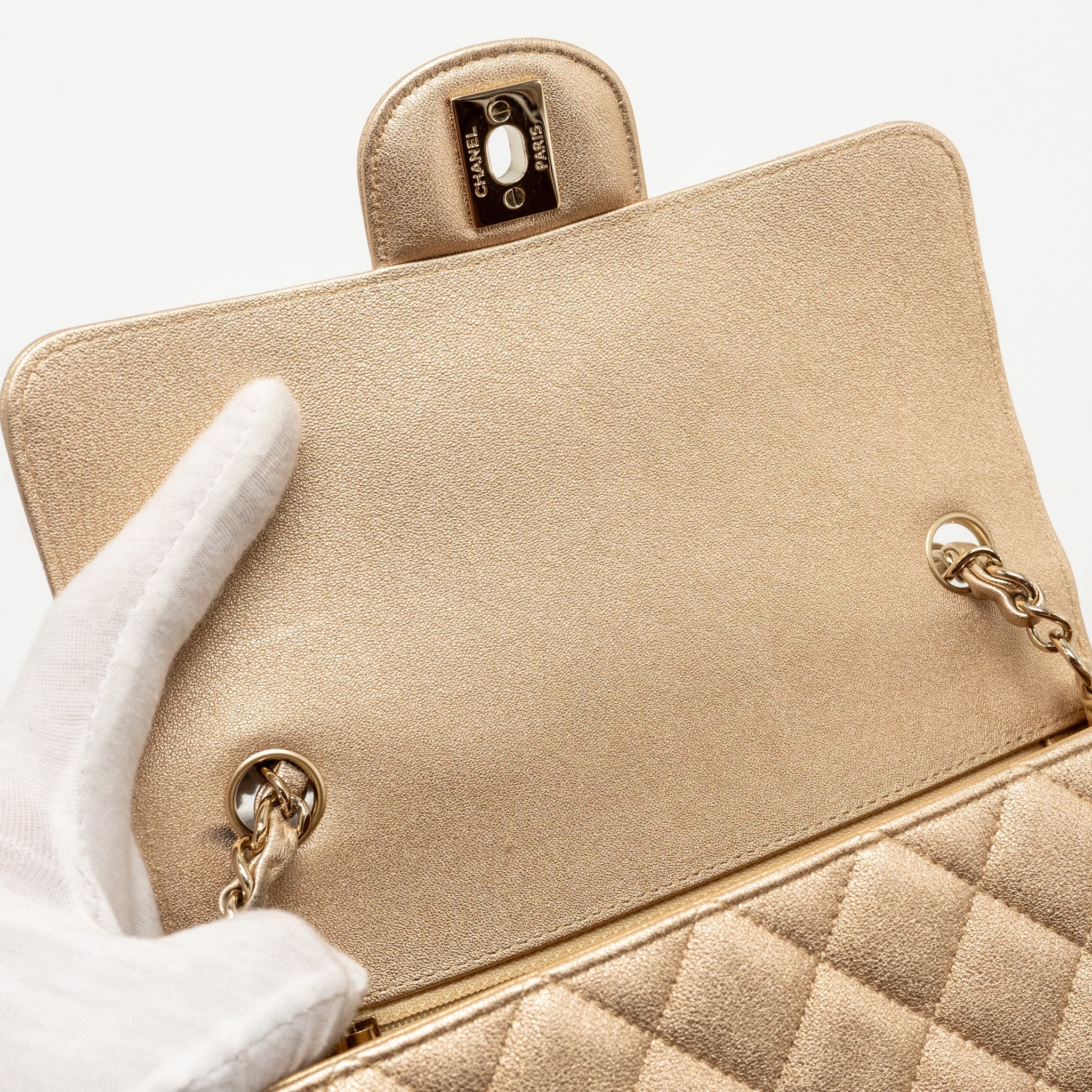 CHANEL MINI RECTANGULAR FLAP BAG LAMBSKIN METALLIC GOLD LGHW