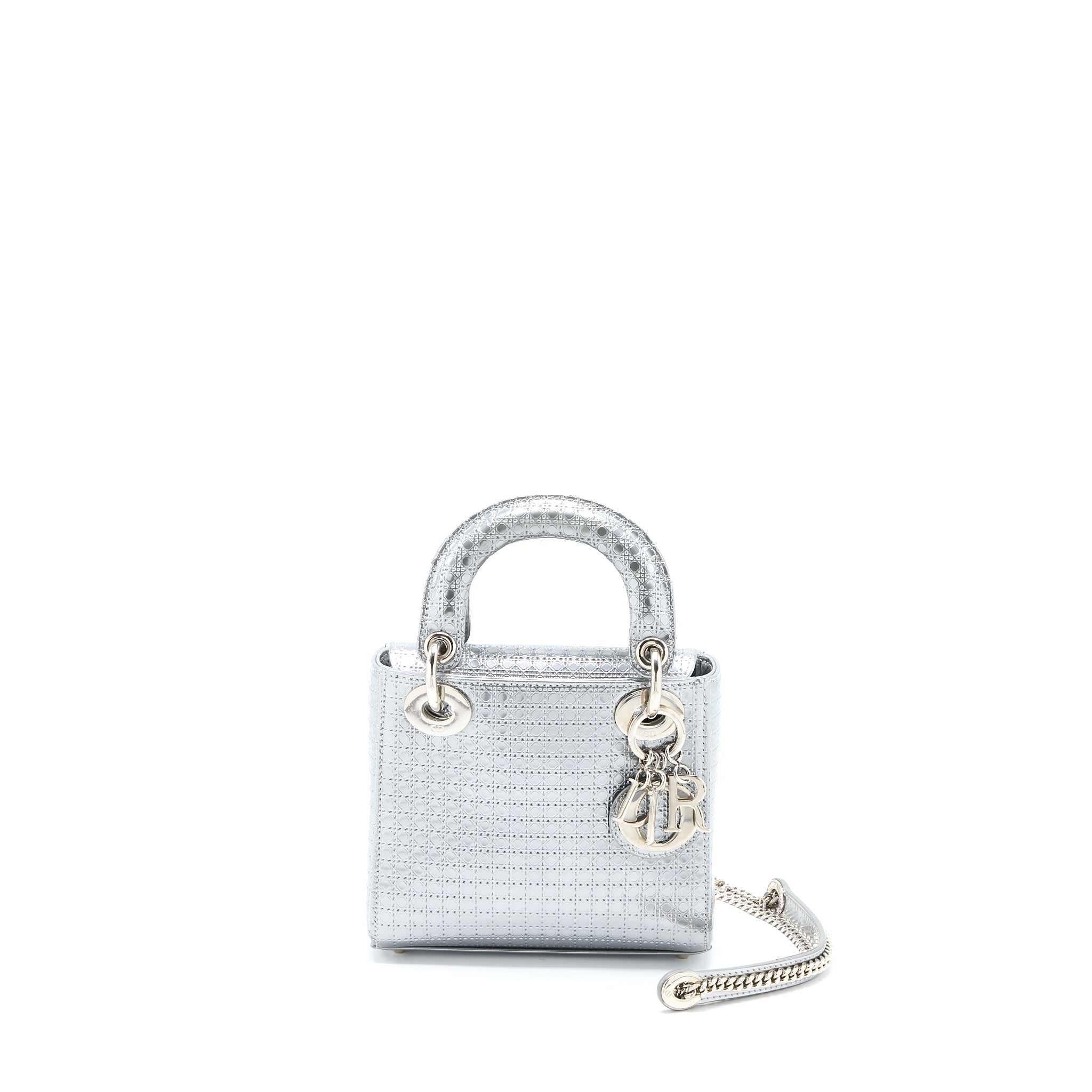 DIOR MINI LADY DIOR PATENT METALLIC SILVER SHW