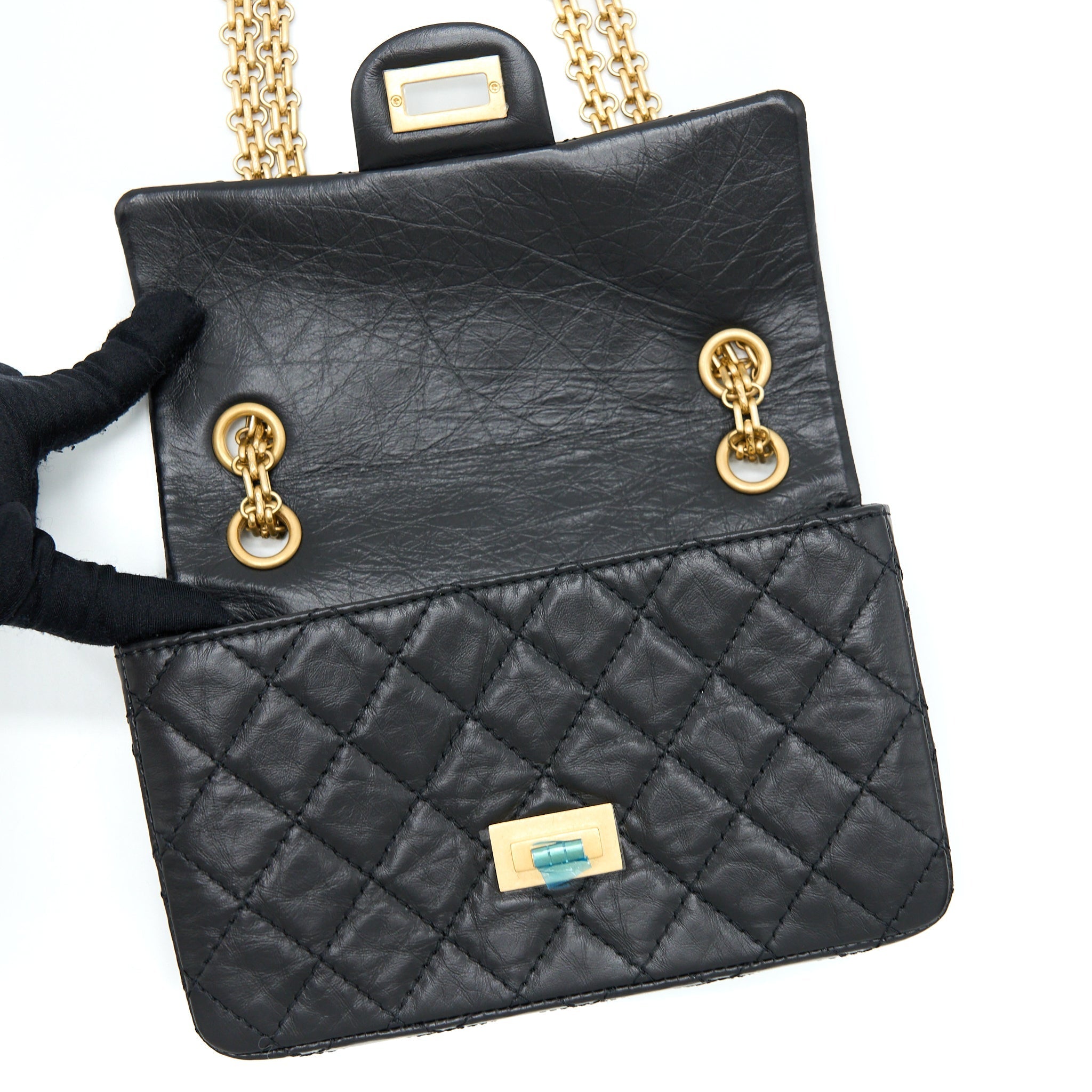 CHANEL MINI 2.55 REISSUE FLAP BAG AGED CALFSKIN BLACK GHW (MICROCHIP)