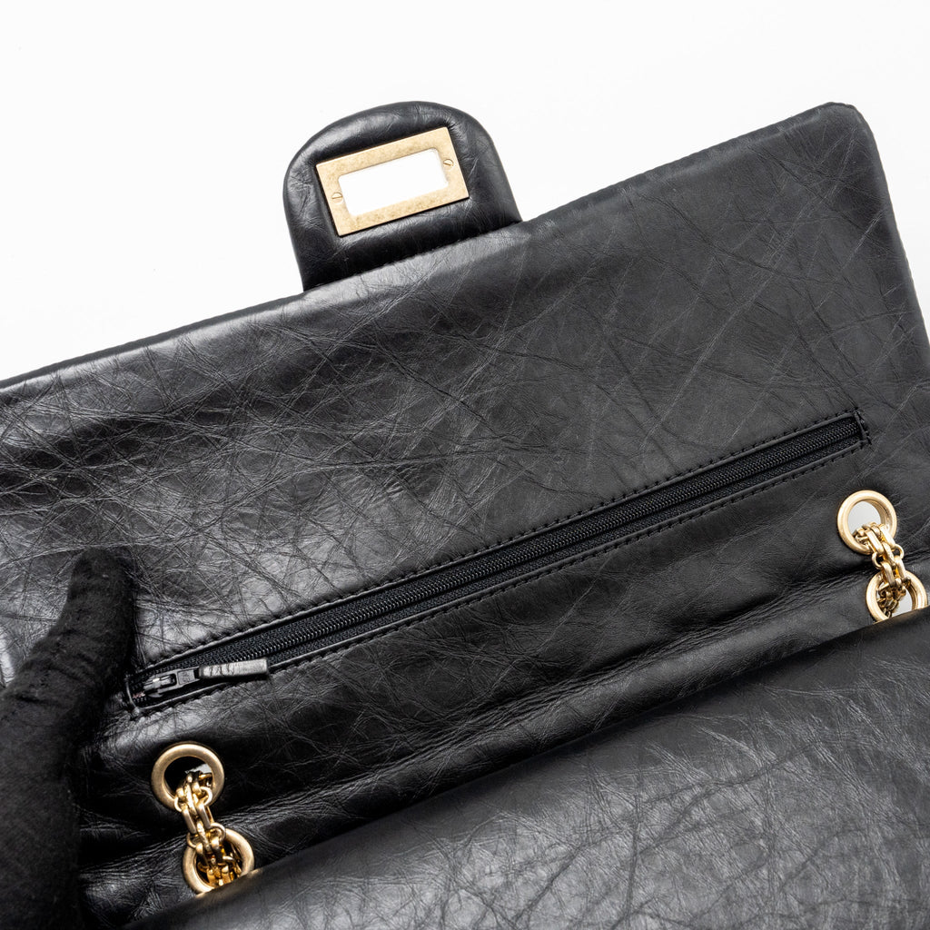 CHANEL LARGE 2.55 REISSUE DOUBLE FLAP BAG AGED CALFSKIN BLACK GHW