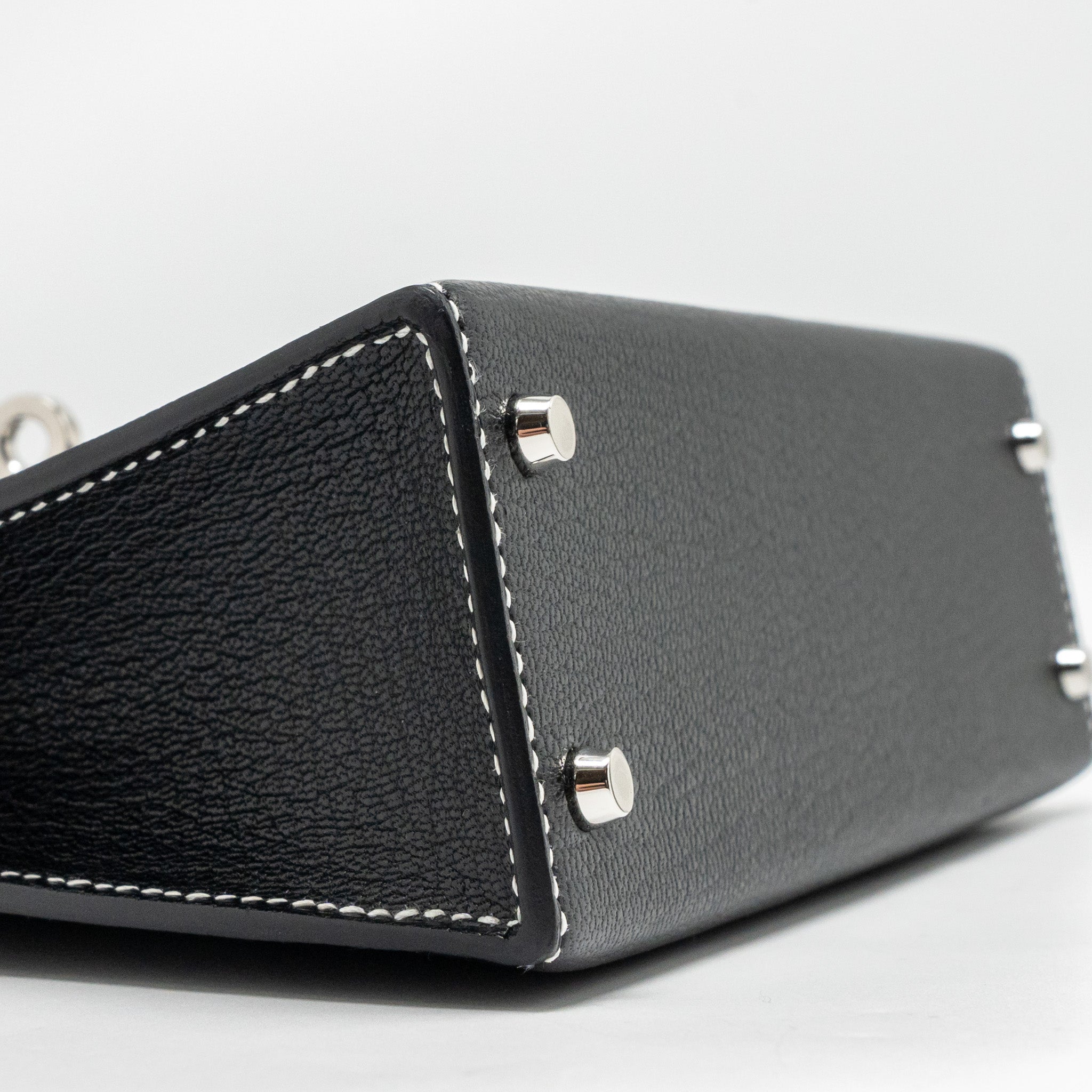 HERMES MINI KELLY II SPECIAL ORDER CHEVRE MYSORE BLACK / GRIS PERLE SHW