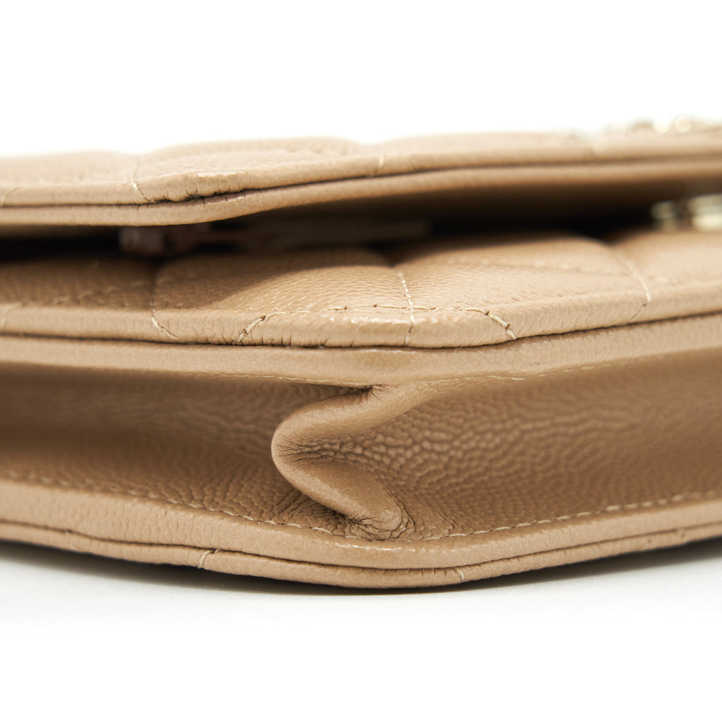 CHANEL 22S DETAILED LOGO WALLET ON CHAIN CAVIAR DARK BEIGE WITH LGHW (MICROCHIP)