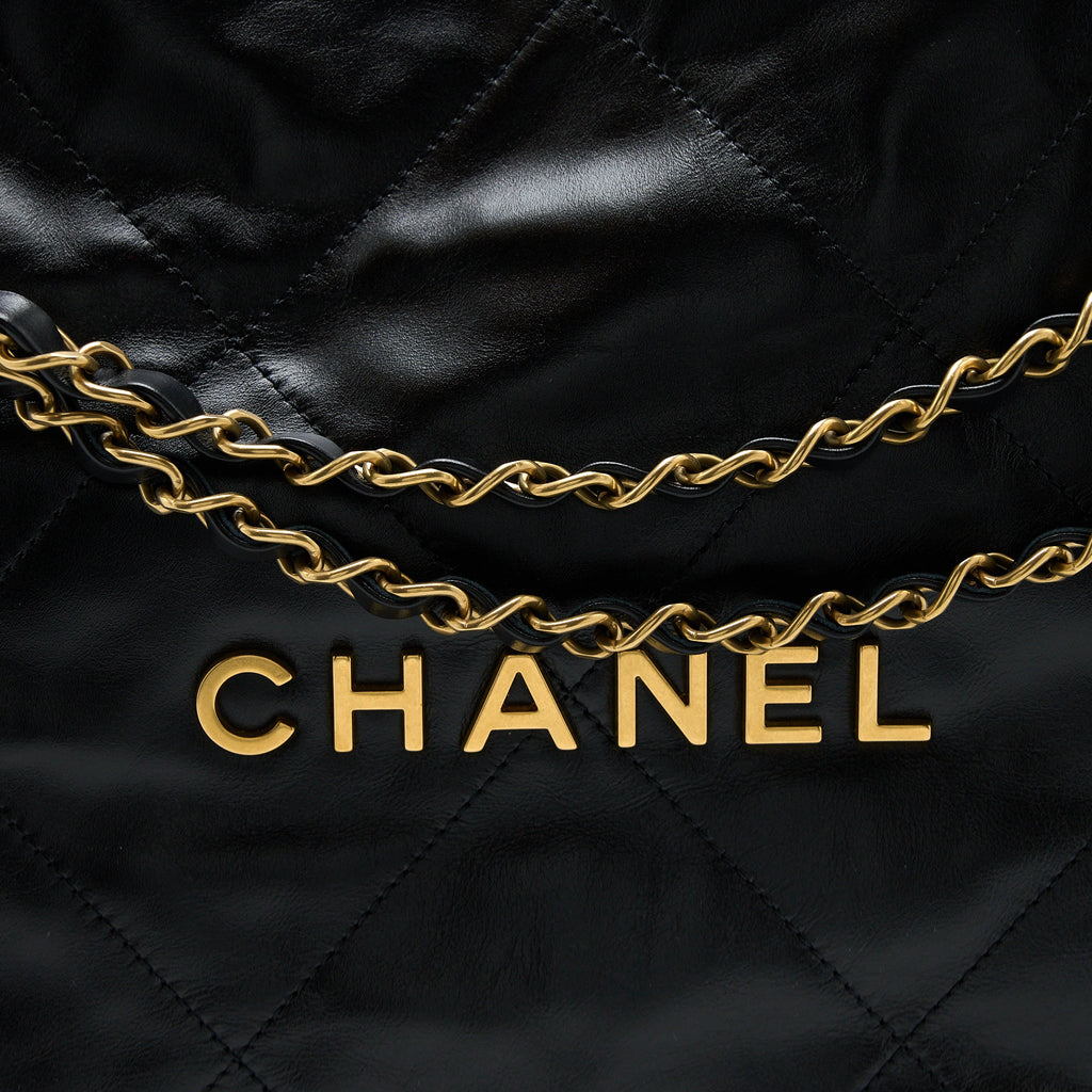 CHANEL SMALL 22 BAG SHINY CALFSKIN BLACK GHW (MICROCHIP)