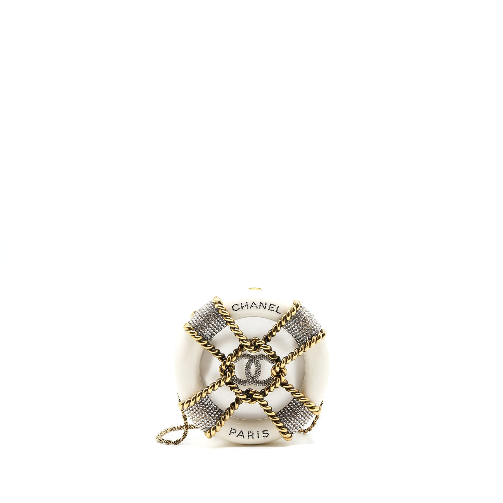 CHANEL RUNWAY WHITE CRYSTAL ROUND EVENING CLUTCH SHOULDER BAG BOX GHW