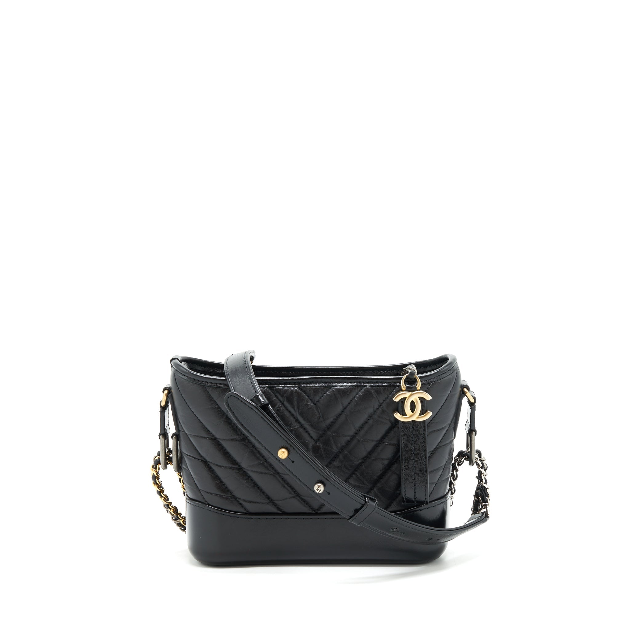 CHANEL CHEVRON GABRIELLE HOBO BAG BLACK WITH GOLD AND SILVER HARDWARE