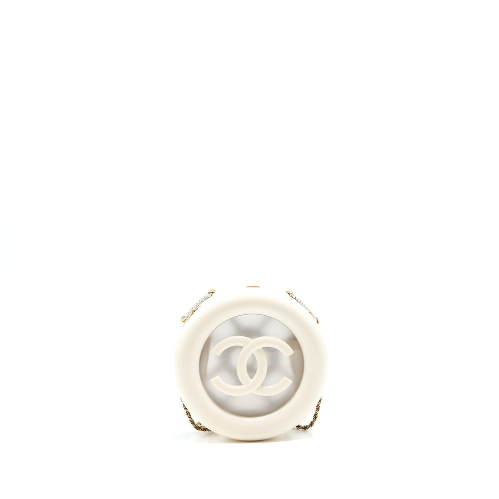 CHANEL RUNWAY WHITE CRYSTAL ROUND EVENING CLUTCH SHOULDER BAG BOX GHW