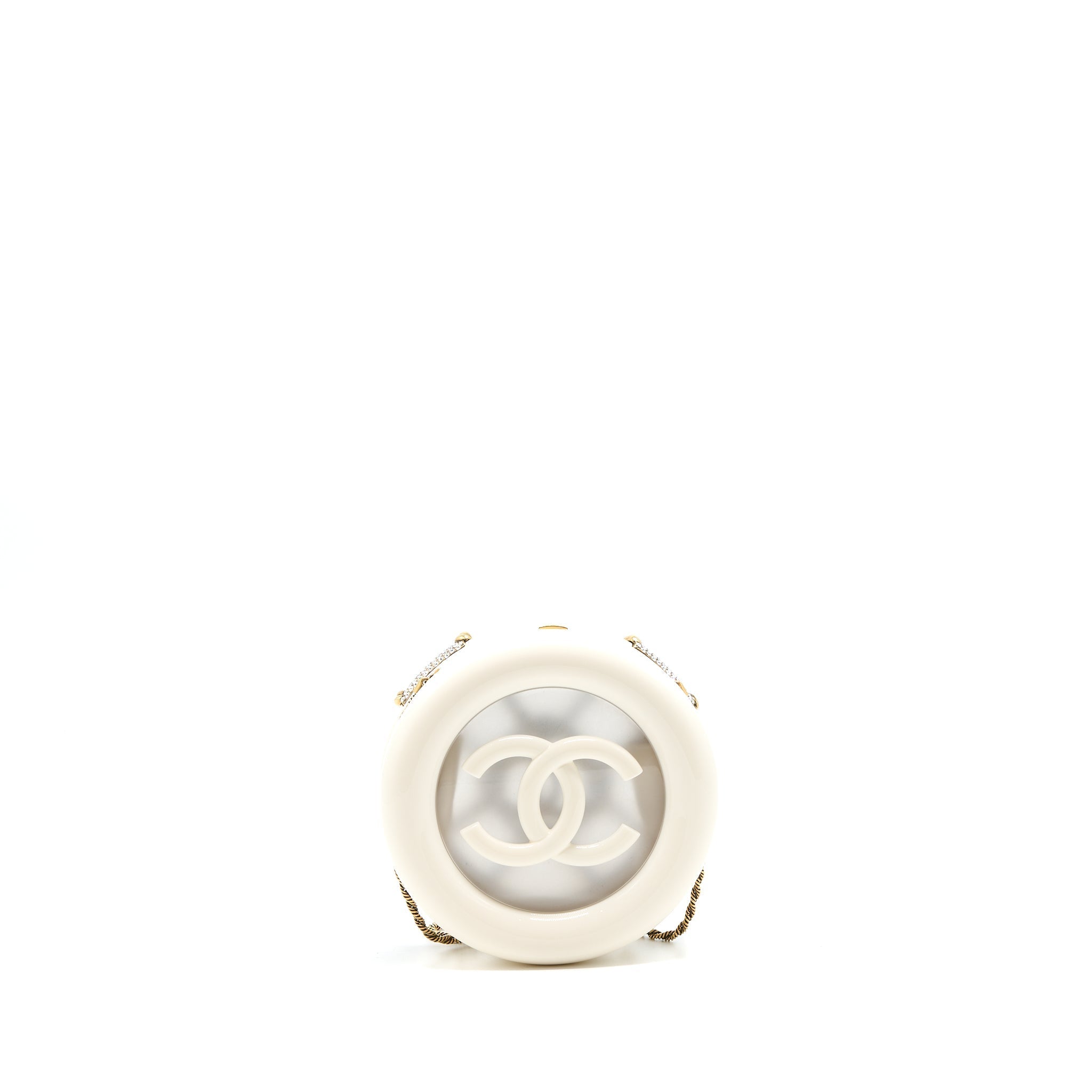 CHANEL RUNWAY WHITE CRYSTAL ROUND EVENING CLUTCH SHOULDER BAG BOX GHW