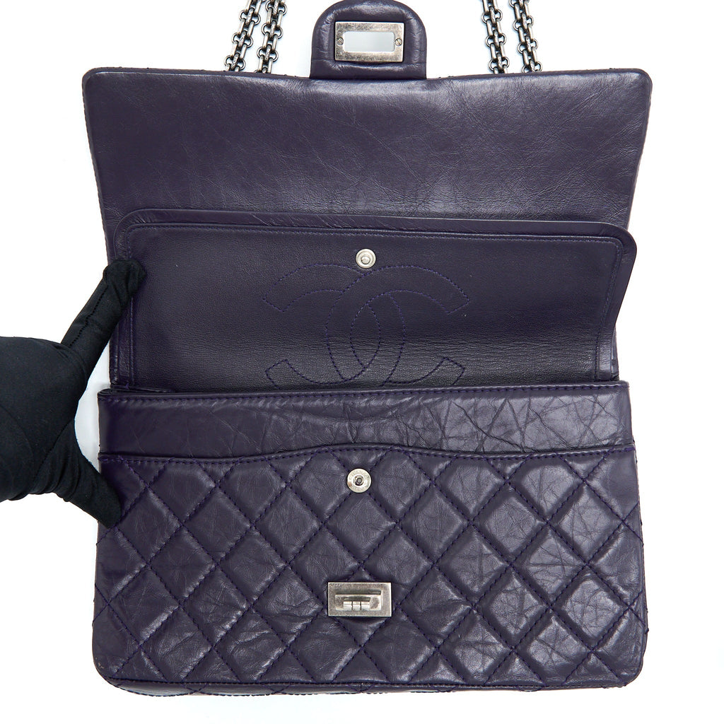 CHANEL LARGE 2.55 REISSUE FLAP BAG AGED CALFSKIN DARK PURPLE RUTHENIUM HARDWARE