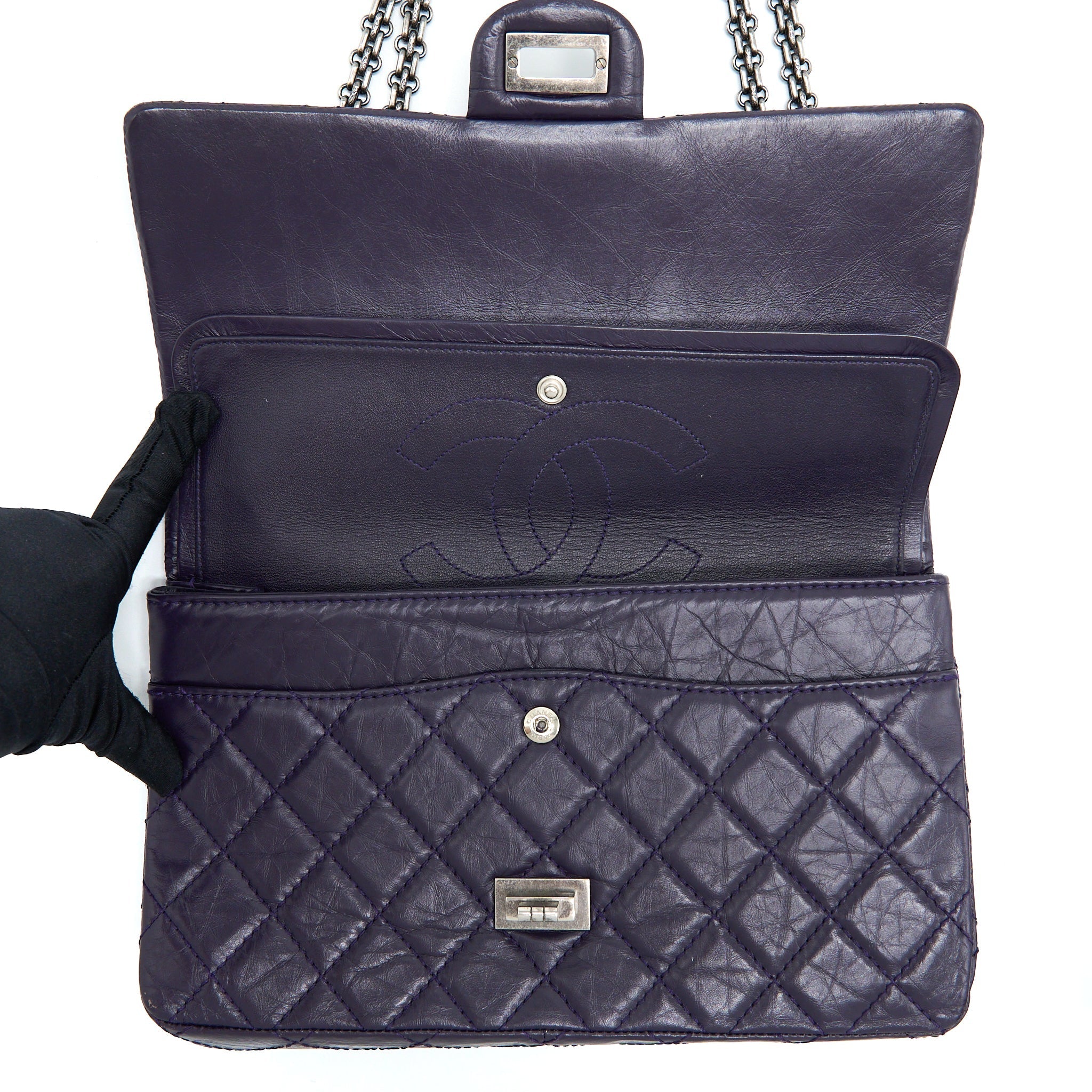 CHANEL LARGE 2.55 REISSUE FLAP BAG AGED CALFSKIN DARK PURPLE RUTHENIUM HARDWARE