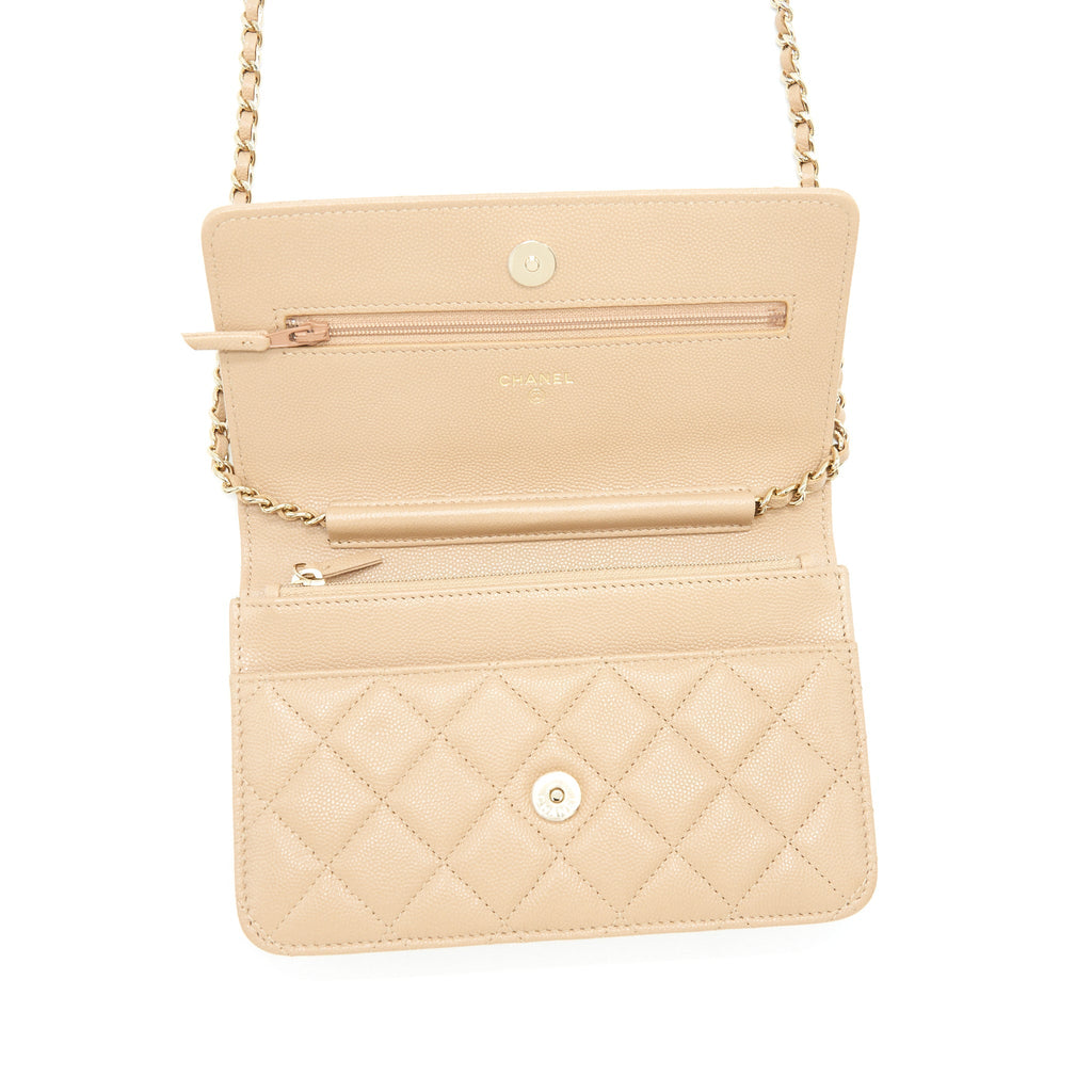 CHANEL 22S DETAILED LOGO WALLET ON CHAIN CAVIAR DARK BEIGE WITH LGHW (MICROCHIP)