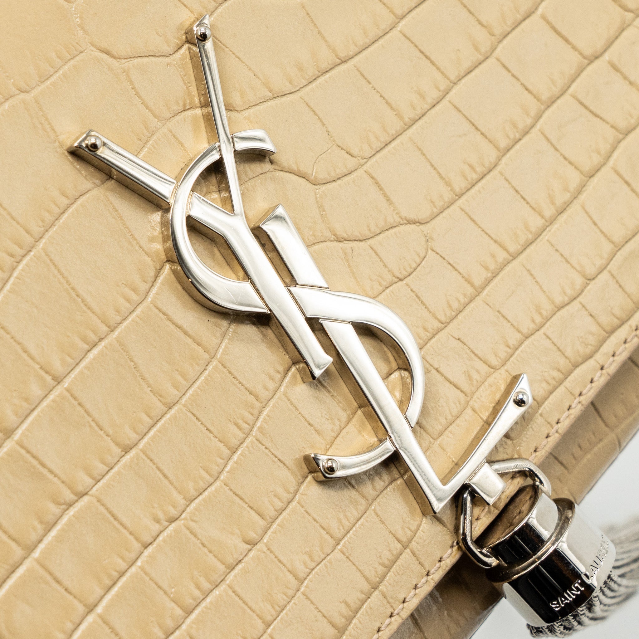 SAINT LAURENT KATE CLUTCH CROC EMBOSSED LEATHER BEIGE SHW