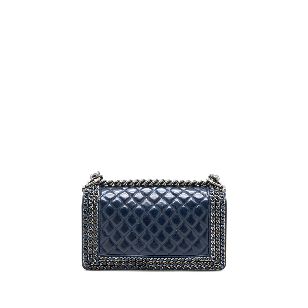 CHANEL MEDIUM BOY BAG LIMITED EDITION WITH CHAIN EDGE AGED CALFSKIN NAVY RUTHENIUM HARDWARE