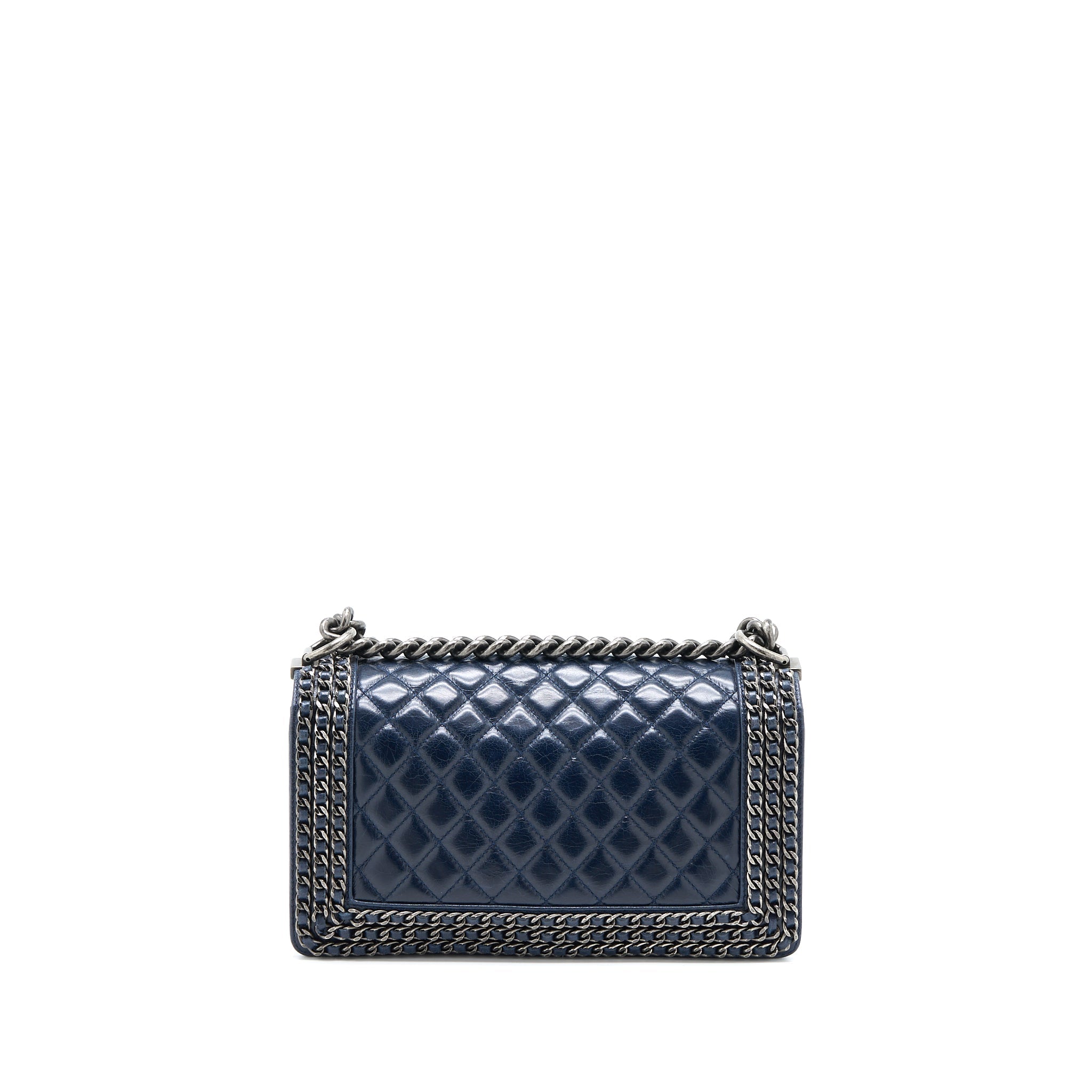 CHANEL MEDIUM BOY BAG LIMITED EDITION WITH CHAIN EDGE AGED CALFSKIN NAVY RUTHENIUM HARDWARE