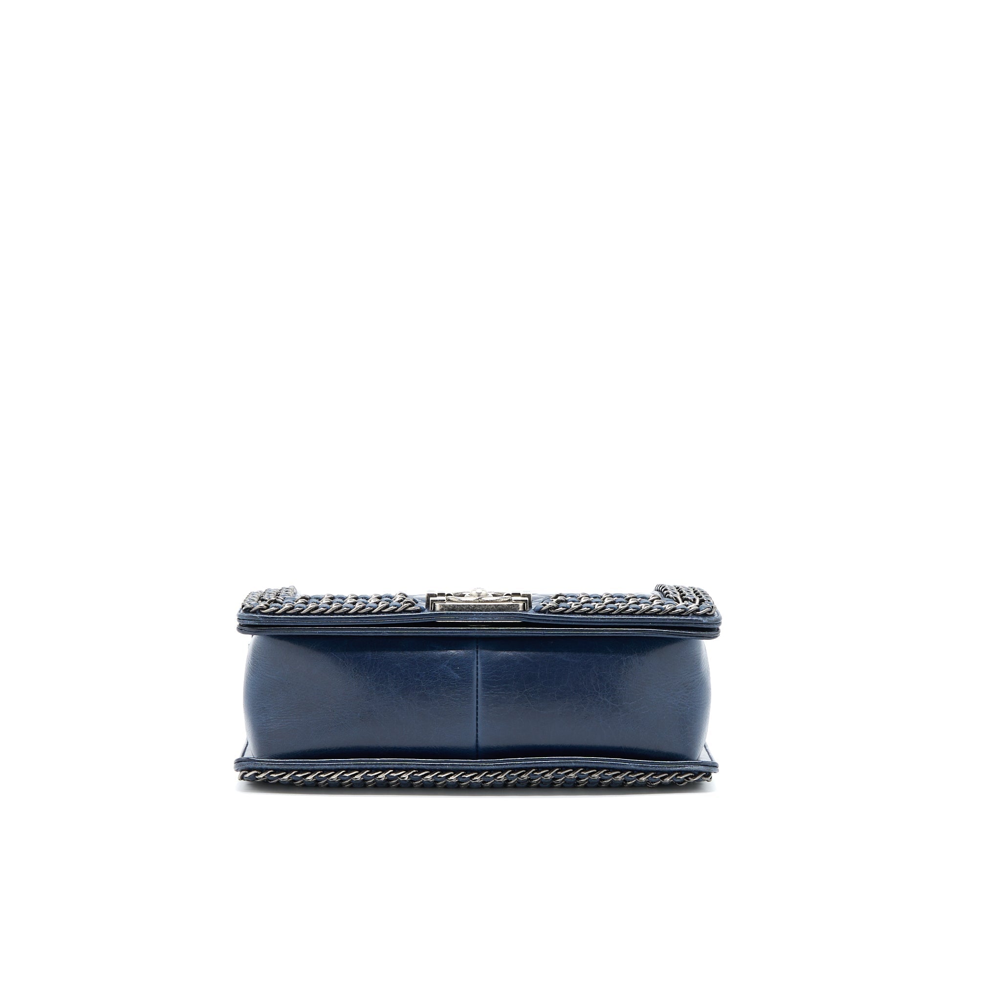 CHANEL MEDIUM BOY BAG LIMITED EDITION WITH CHAIN EDGE AGED CALFSKIN NAVY RUTHENIUM HARDWARE