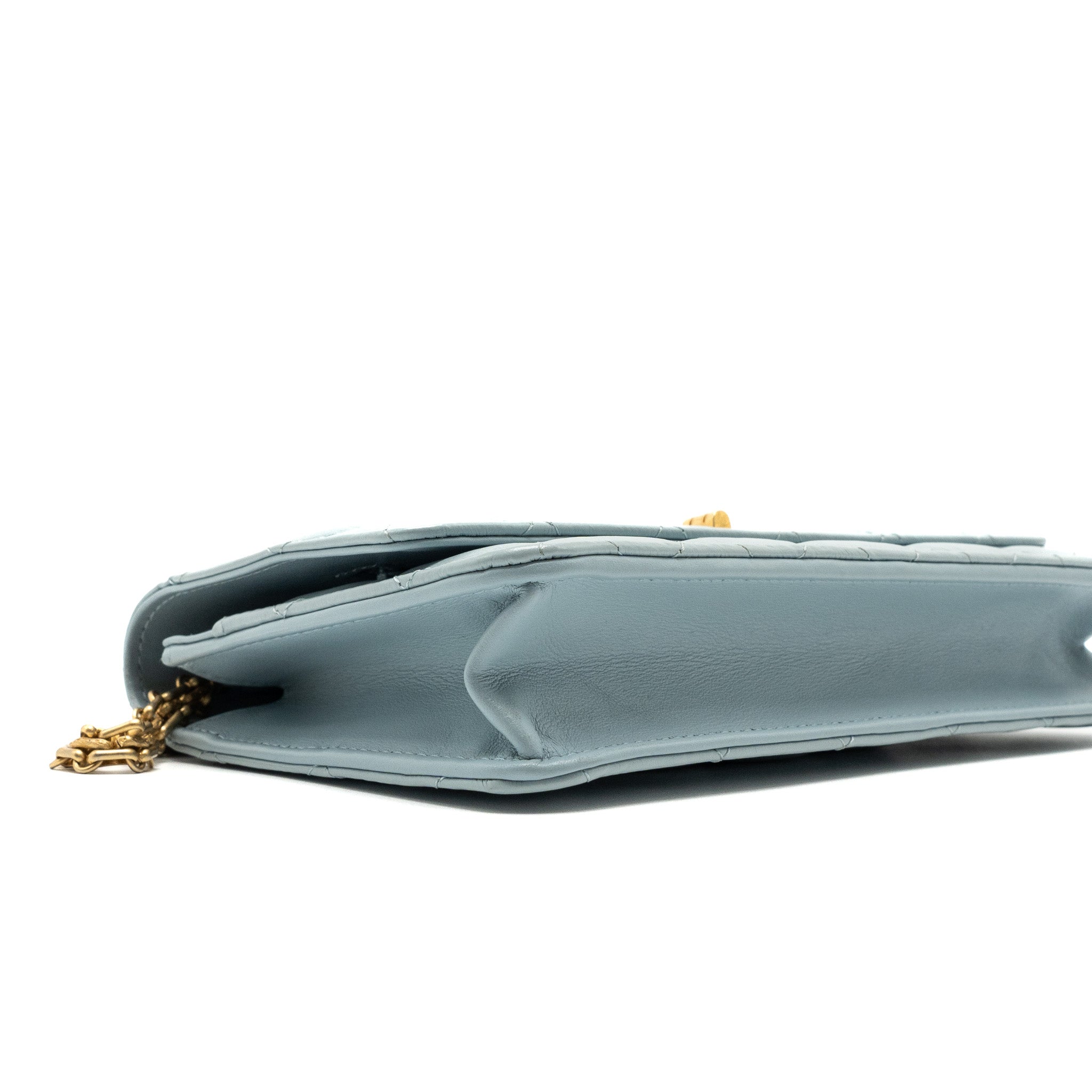 CHANEL 2.55 REISSUE WALLET ON CHAIN AGED CALFSKIN LIGHT BLUE BRUSHED GHW (MICROCHIP)