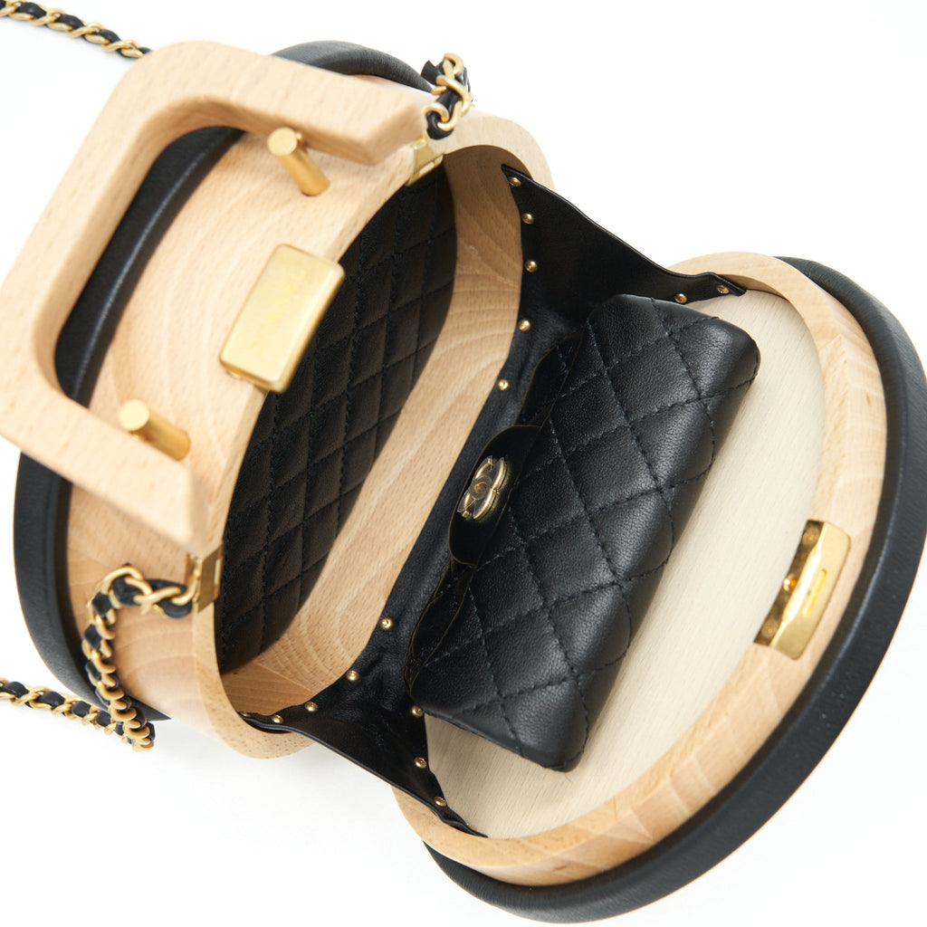 CHANEL 22C SMALL VANITY CASE BEECH WOOD, CALFSKIN BEIGE / BLACK WITH GHW