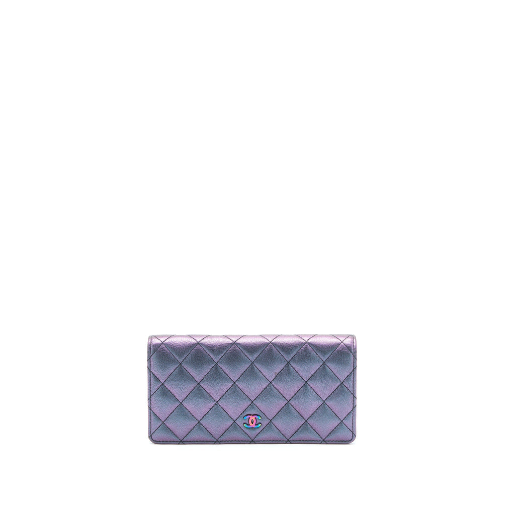 CHANEL COMPACT LONG WALLET GRAINED CALFSKIN IRIDESCENT PURPLE MULTICOLOUR HARDWARE