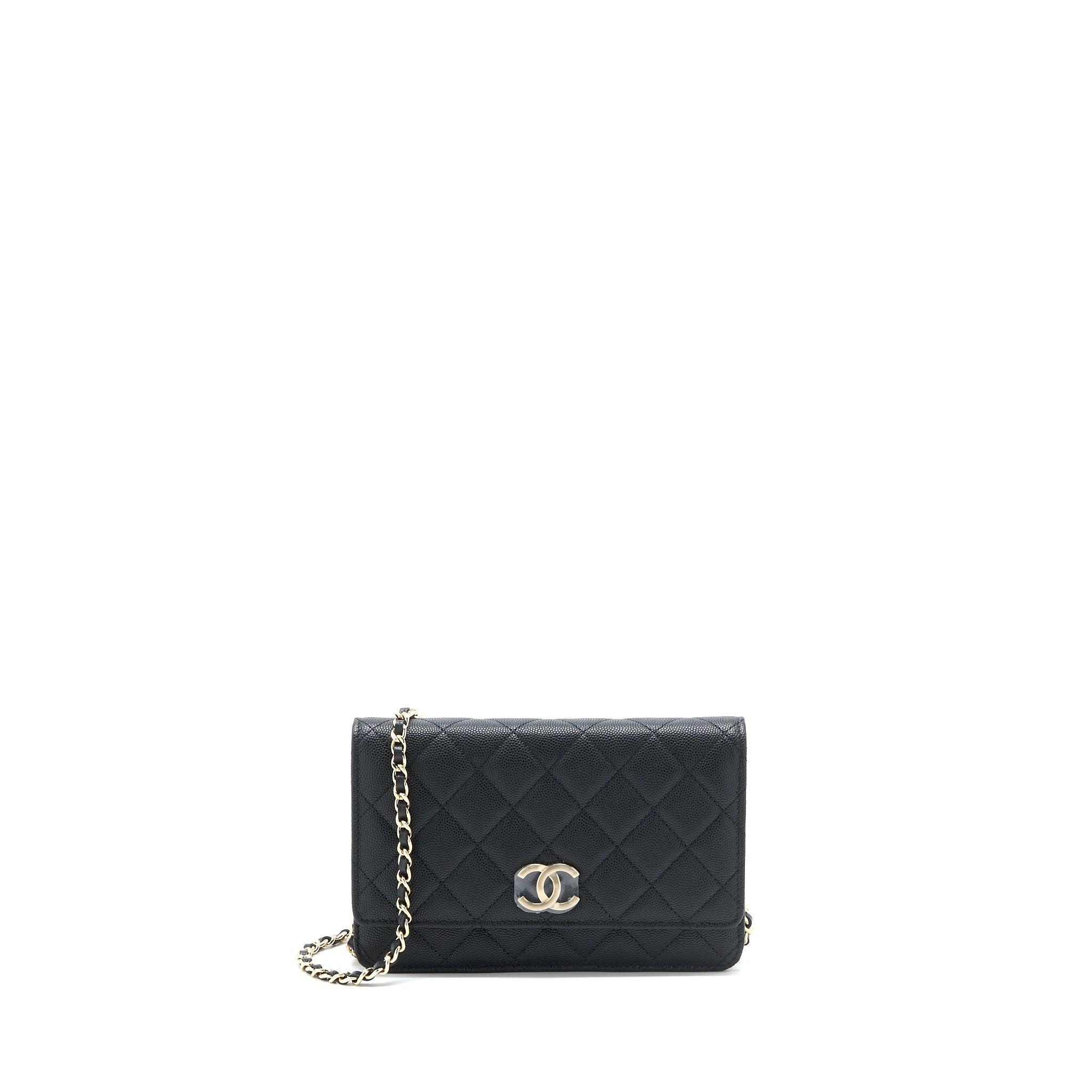 CHANEL GIANT CC LOGO WALLET ON CHAIN CAVIAR BLACK LGHW (MICROCHIP)