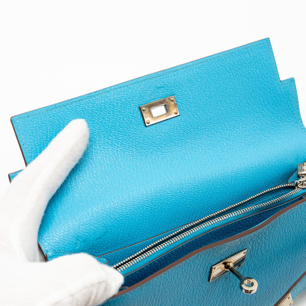 HERMES KELLY LONG WALLET CHEVRE MYSORE LEATHER BLUE AZTEQUE SHW