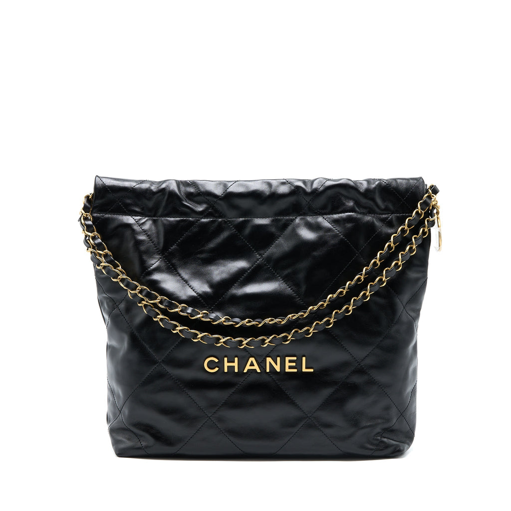 CHANEL SMALL 22 BAG SHINY CALFSKIN BLACK GHW (MICROCHIP)