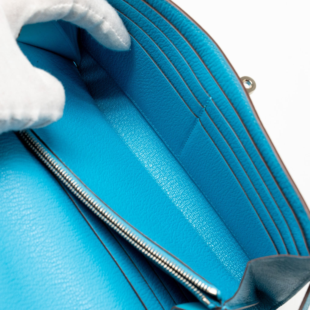 HERMES KELLY LONG WALLET CHEVRE MYSORE LEATHER BLUE AZTEQUE SHW