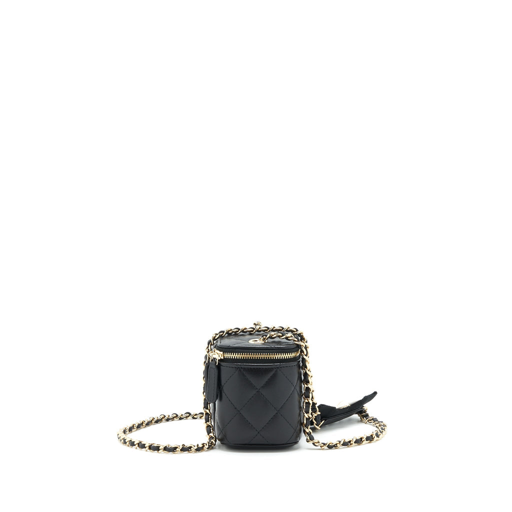 CHANEL MINI VANITY WITH CAMELLIA CHAIN LAMBSKIN BLACK LGHW