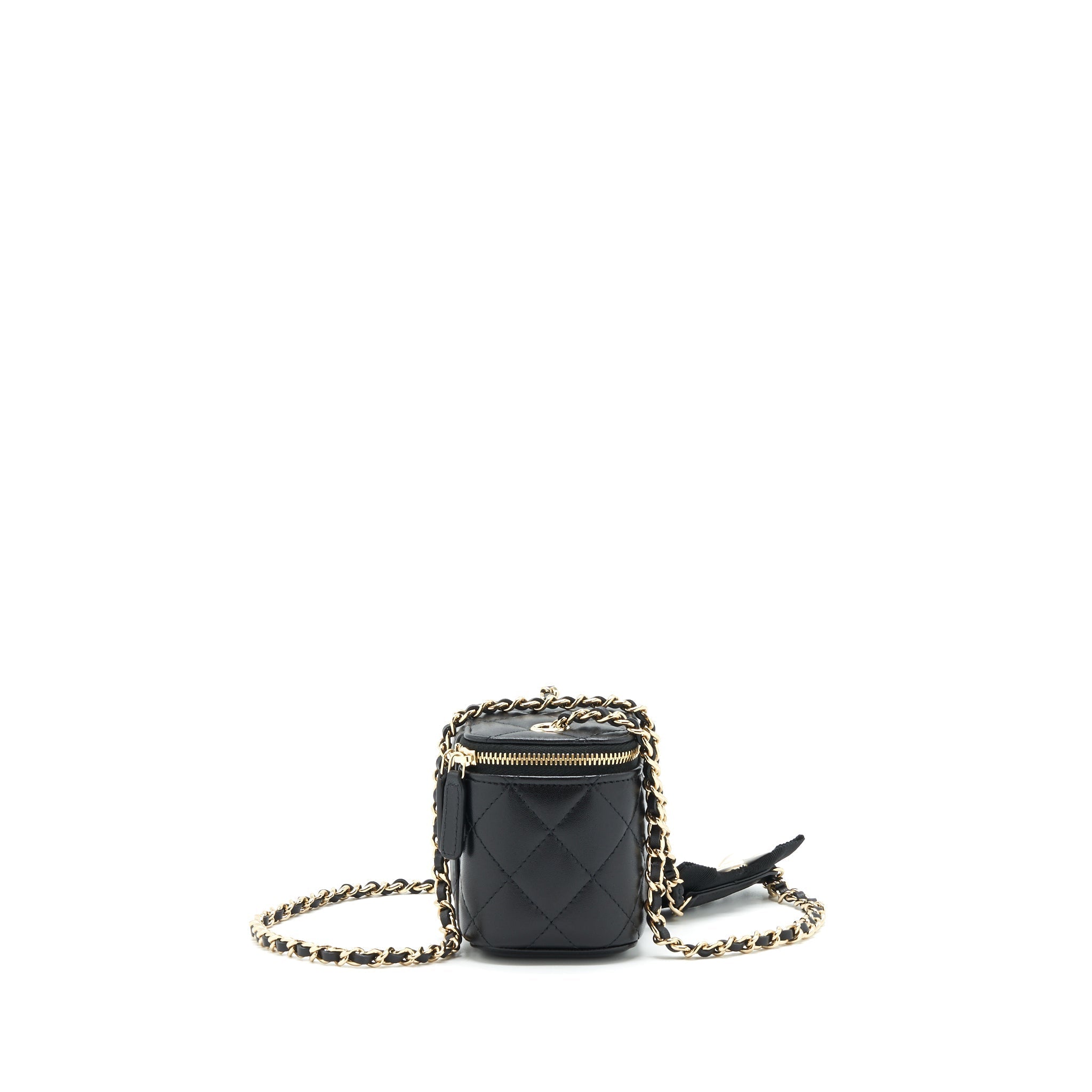CHANEL MINI VANITY WITH CAMELLIA CHAIN LAMBSKIN BLACK LGHW