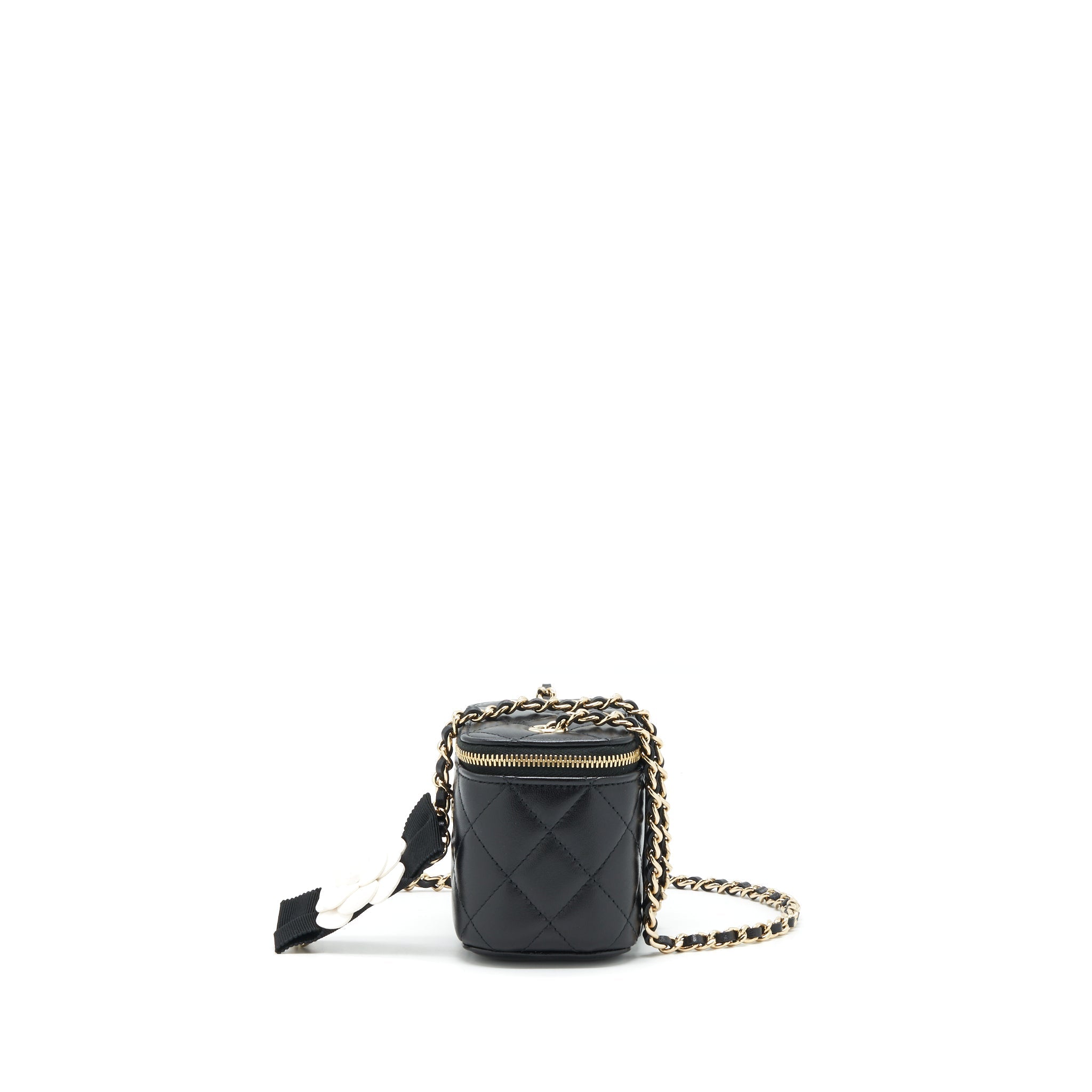 CHANEL MINI VANITY WITH CAMELLIA CHAIN LAMBSKIN BLACK LGHW
