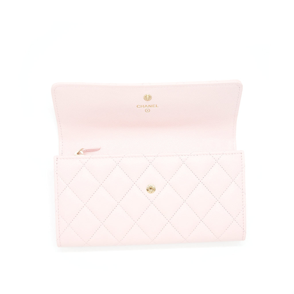 CHANEL 22S DETAILED LOGO FLAP LONG WALLET CAVIAR LIGHT PINK WITH LGHW