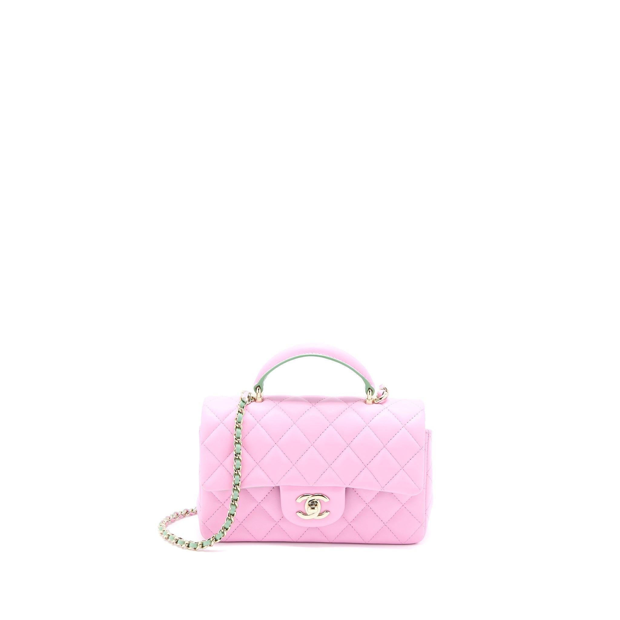 CHANEL TOP HANDLE MINI RECTANGULAR LAMBSKIN PINK/LIGHT GREEN LGHW (MICROCHIP)