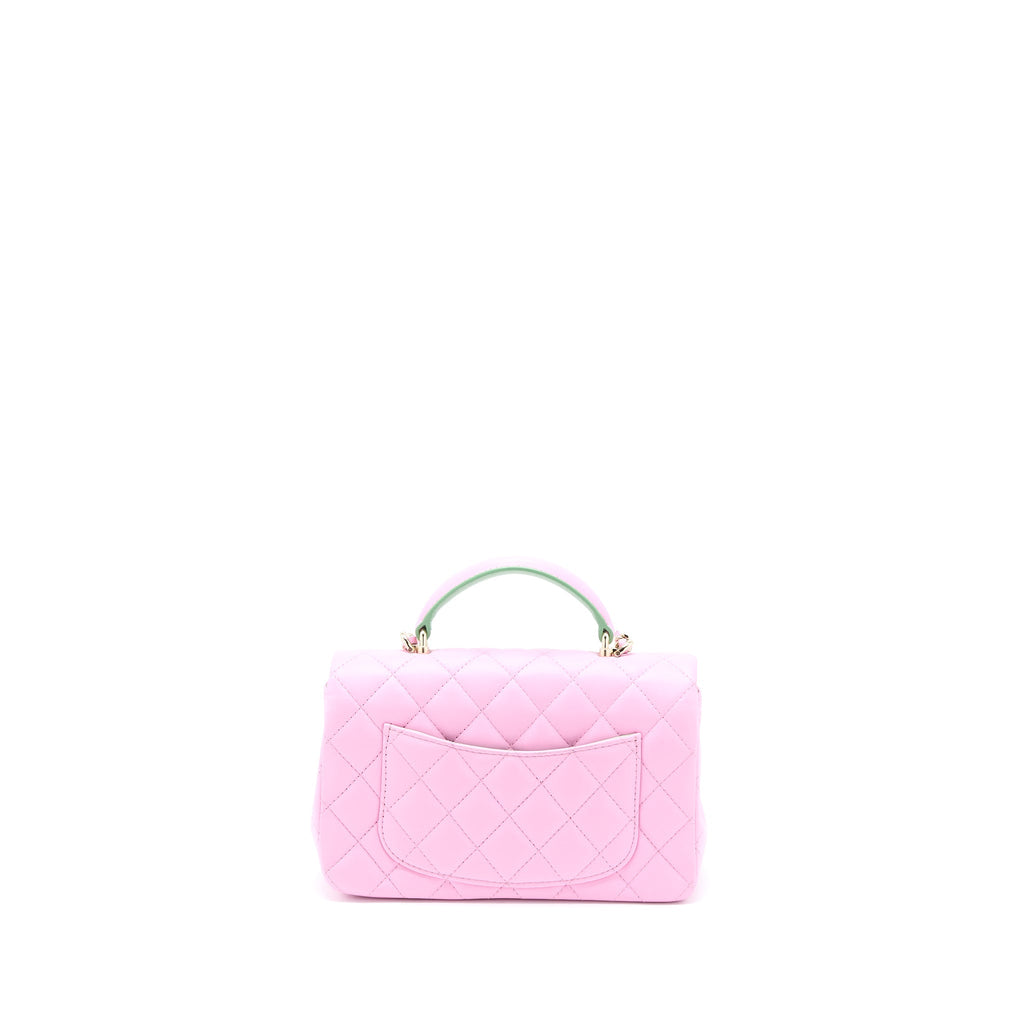 CHANEL TOP HANDLE MINI RECTANGULAR LAMBSKIN PINK/LIGHT GREEN LGHW (MICROCHIP)