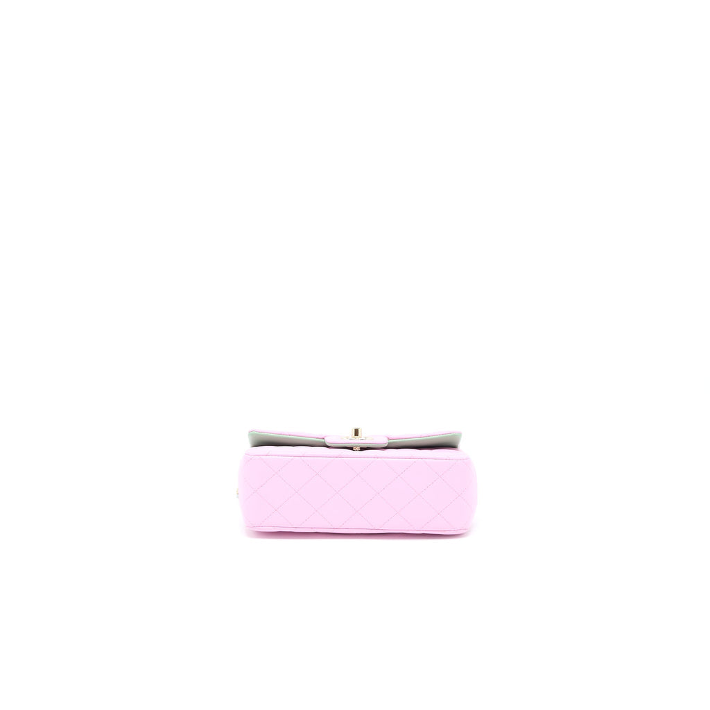 CHANEL TOP HANDLE MINI RECTANGULAR LAMBSKIN PINK/LIGHT GREEN LGHW (MICROCHIP)