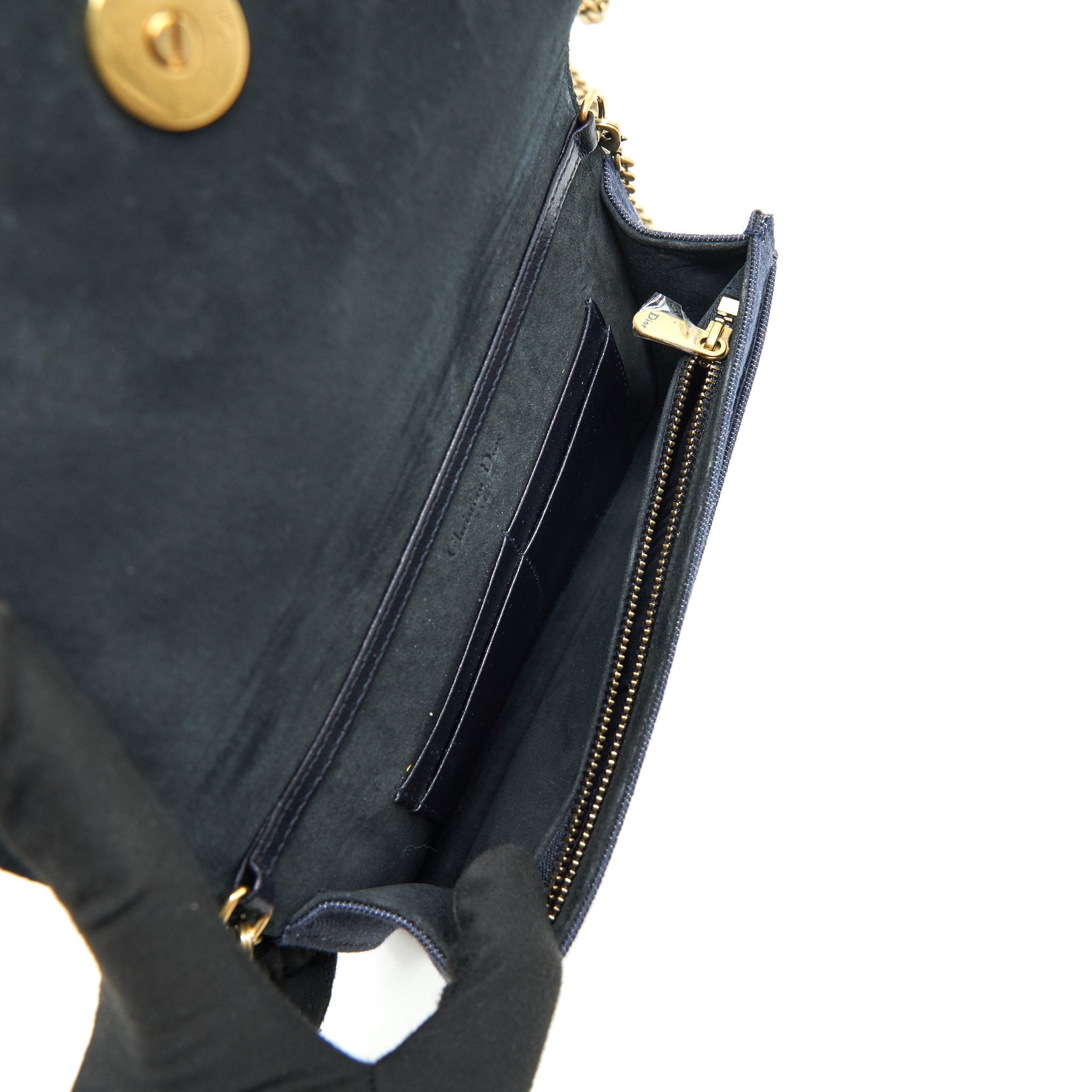 DIOR STUDDED DENIM DIORAMA WALLET ON CHAIN