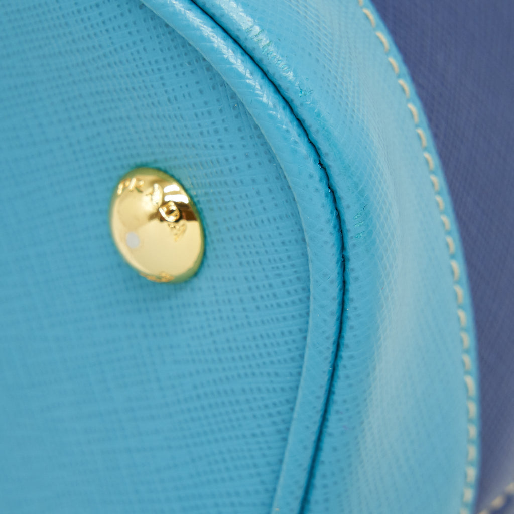 PRADA SAFFIANO LUX BI COLOUR PROMENADE DONE TOTE BAG BLUETTE/TURCHESE BLUE