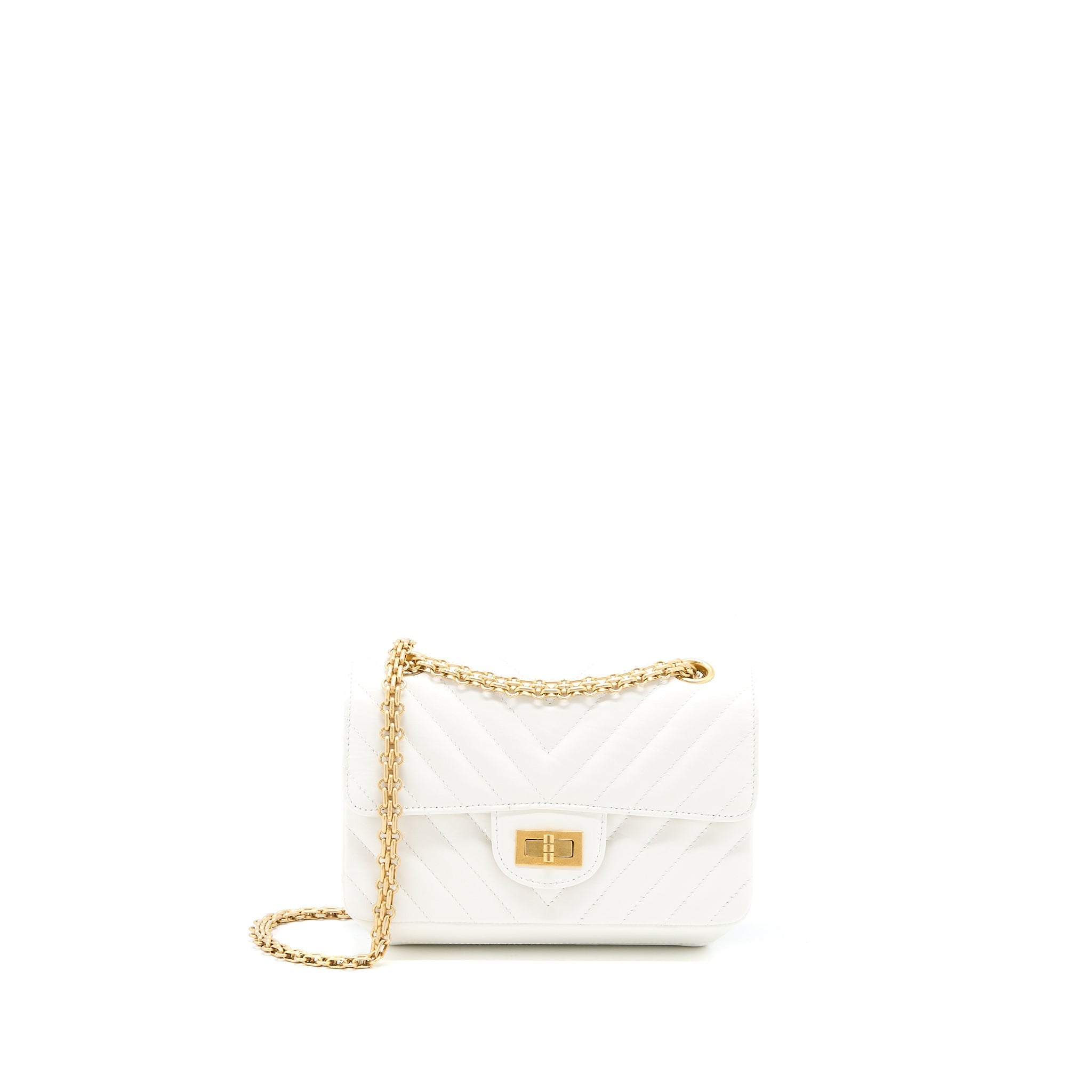 CHANEL MINI 2.55 REISSUE CHEVRON FLAP BAG AGED CALFSKIN WHITE BRUSHED GHW (MICROCHIP)